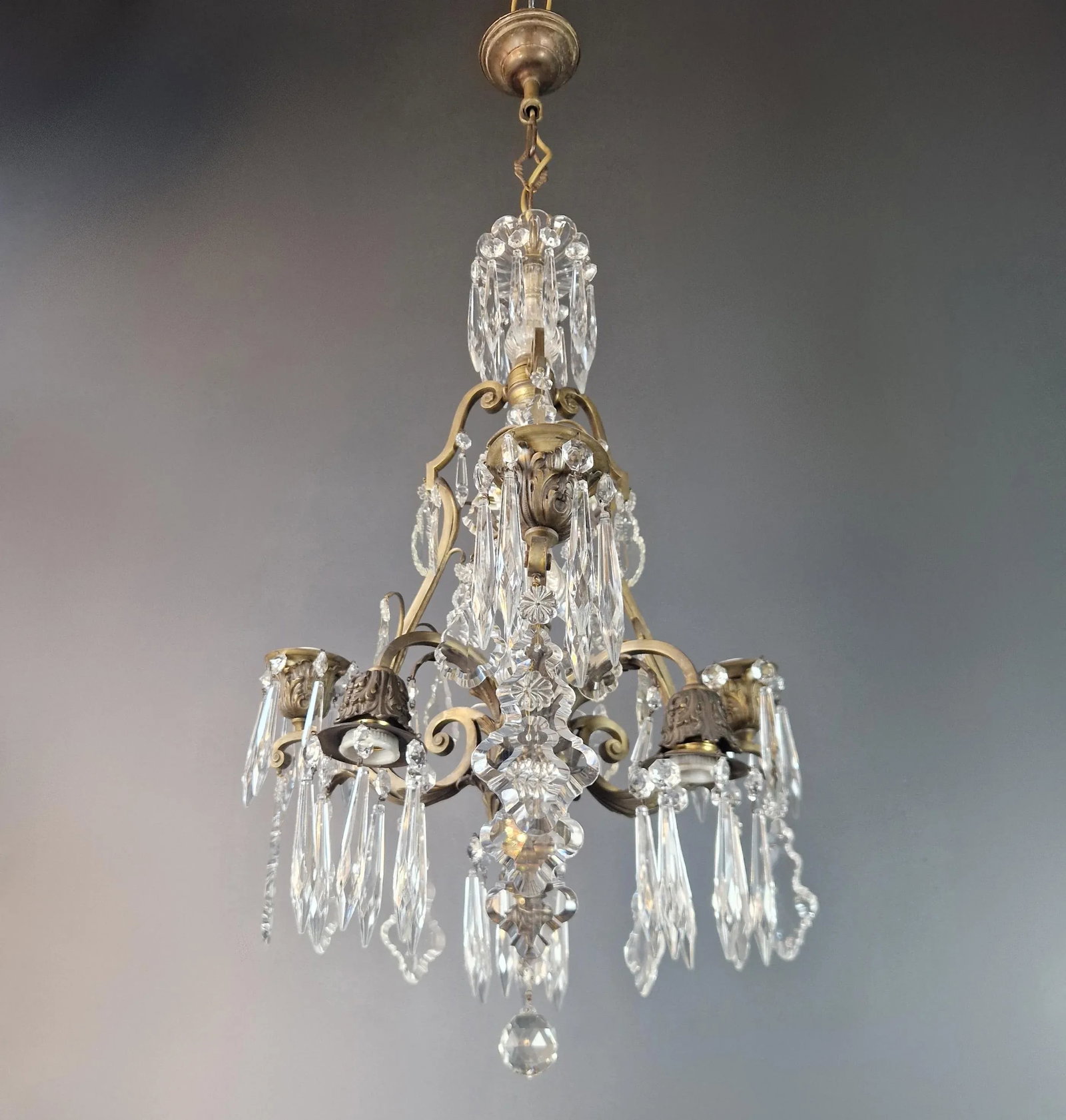 1930s Art Nouveau Art Deco Brass Crystal Chandelier - 4