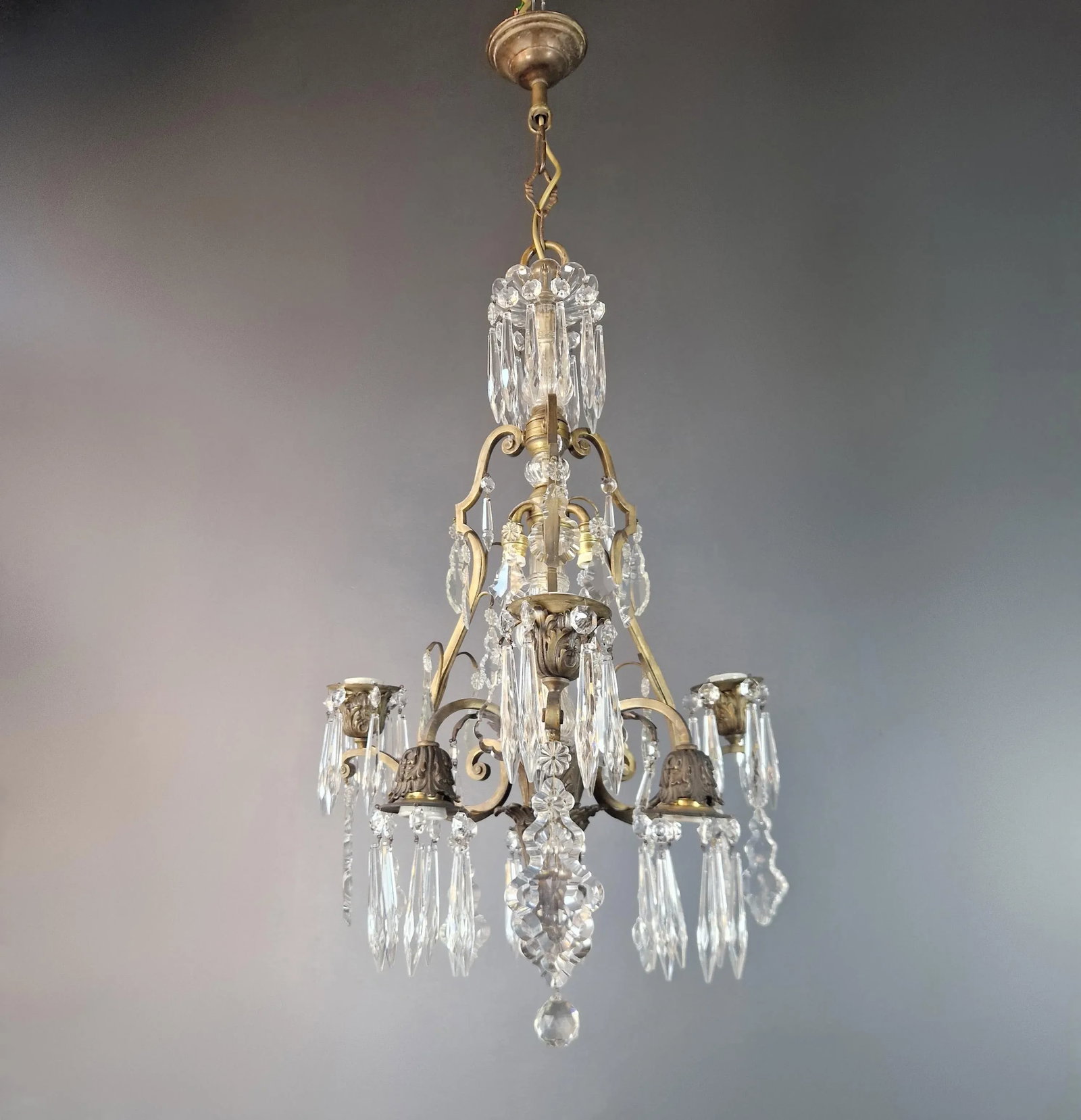 1930s Art Nouveau Art Deco Brass Crystal Chandelier - 5