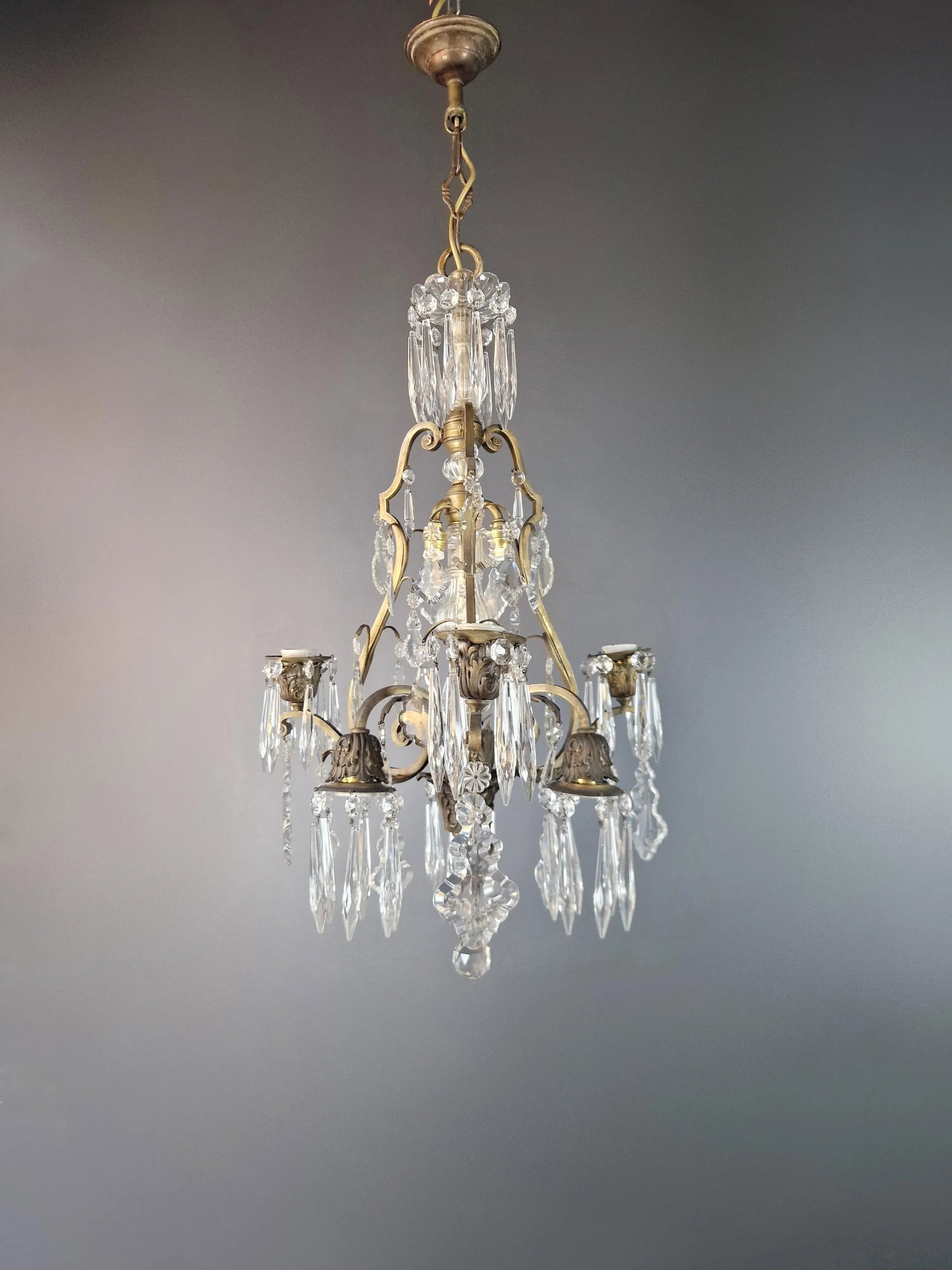 1930s Art Nouveau Art Deco Brass Crystal Chandelier - 6