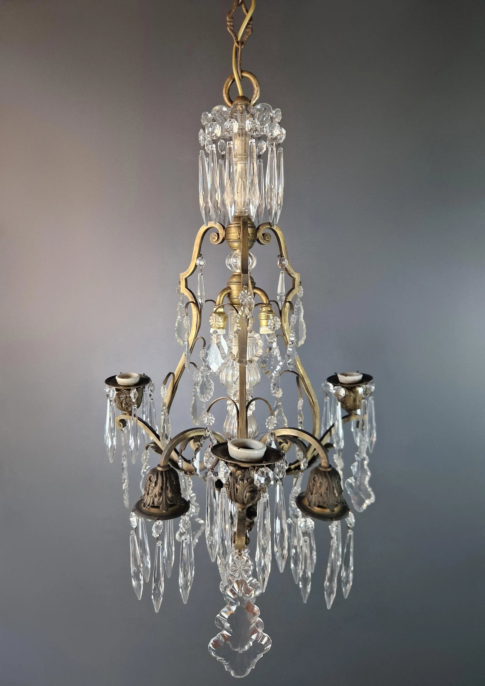1930s Art Nouveau Art Deco Brass Crystal Chandelier - 7