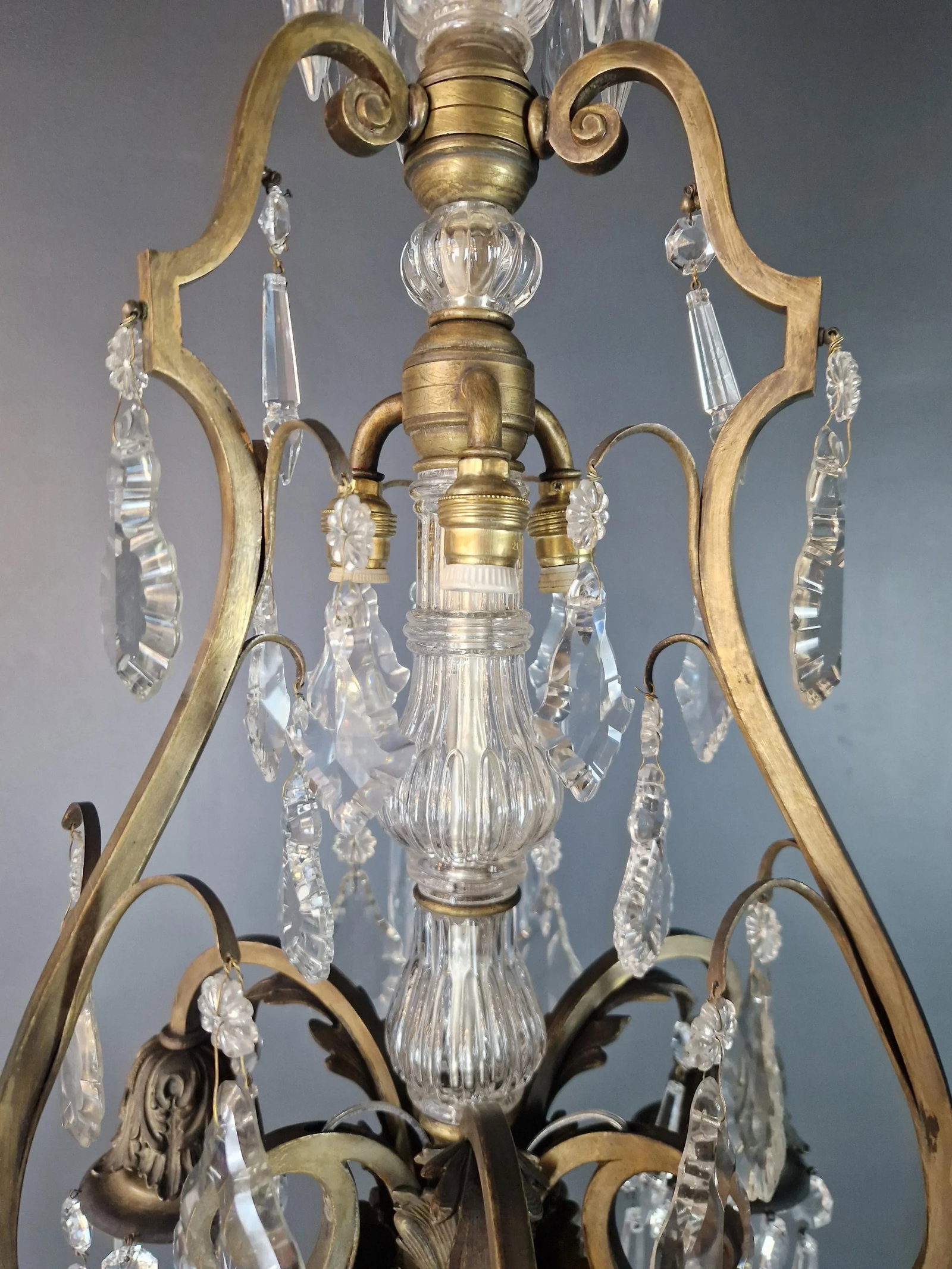 1930s Art Nouveau Art Deco Brass Crystal Chandelier - 8