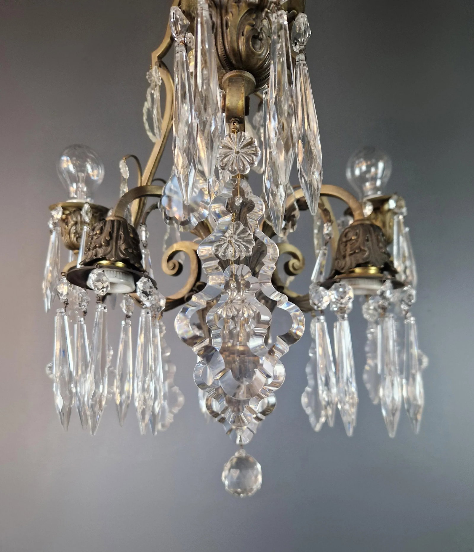 1930s Art Nouveau Art Deco Brass Crystal Chandelier - 9