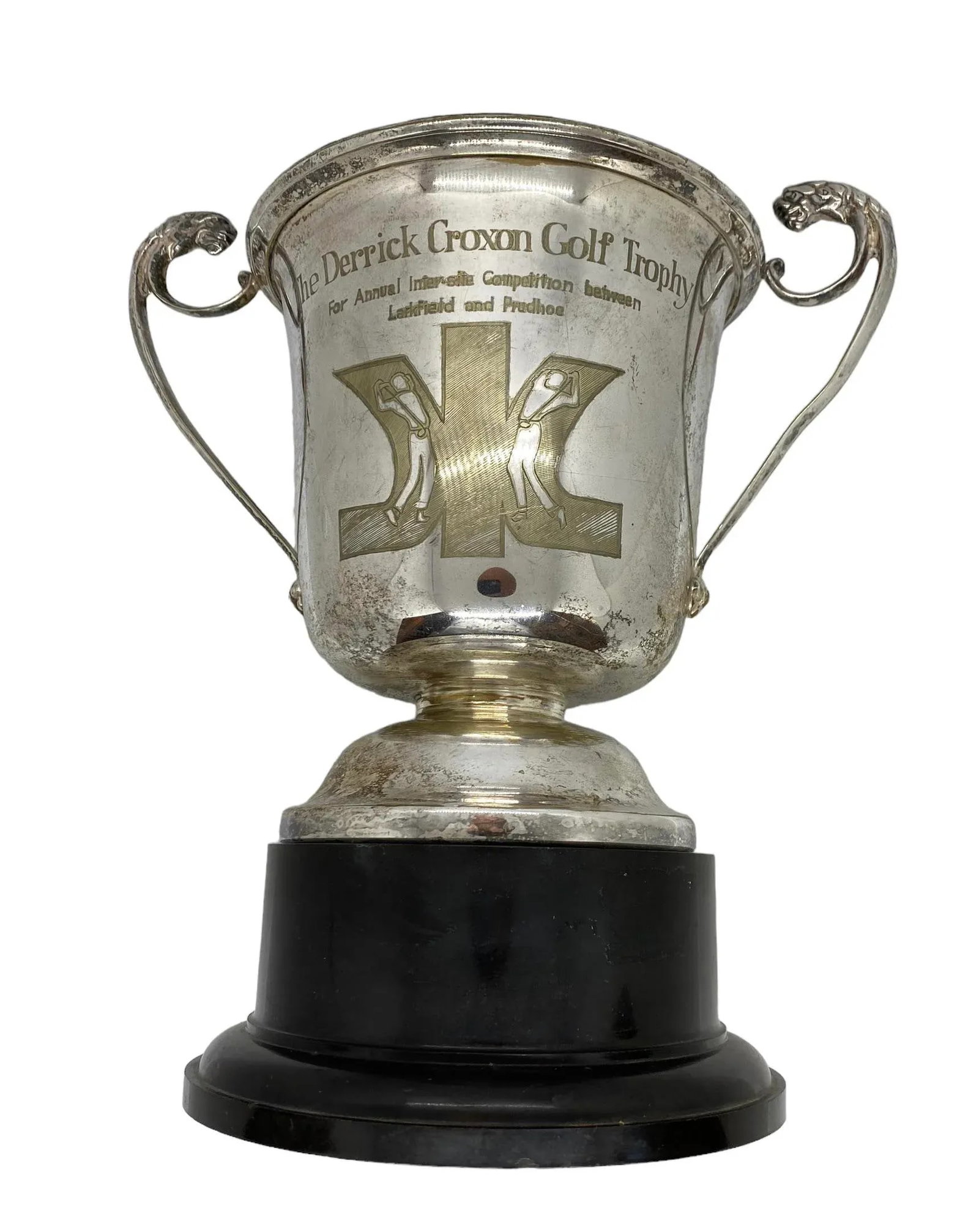 Mid 20th Century Silver Plate on Copper "The Derrick Croxon Golf Trophy" on Black Round Plastic - 10