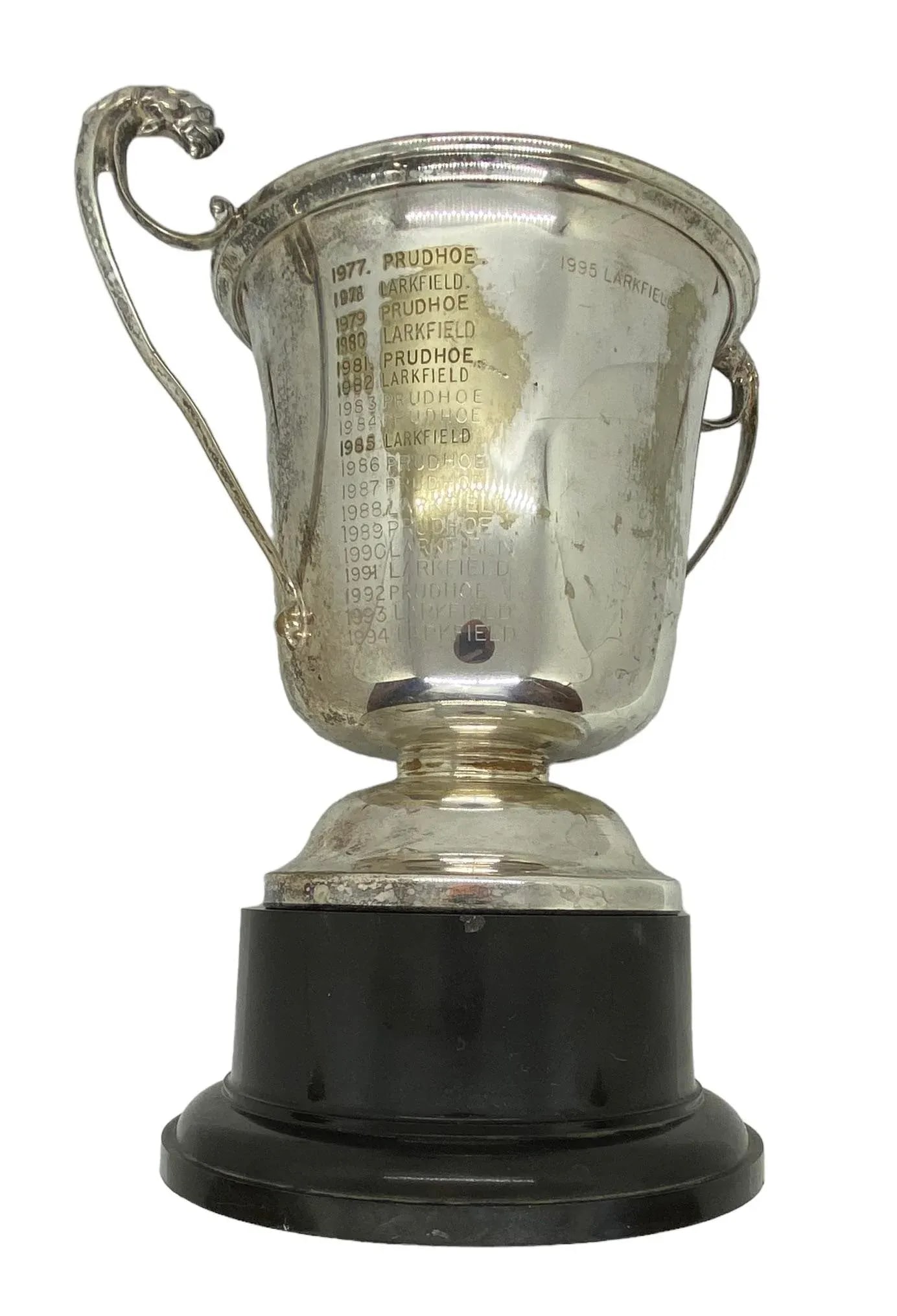 Mid 20th Century Silver Plate on Copper "The Derrick Croxon Golf Trophy" on Black Round Plastic - 11