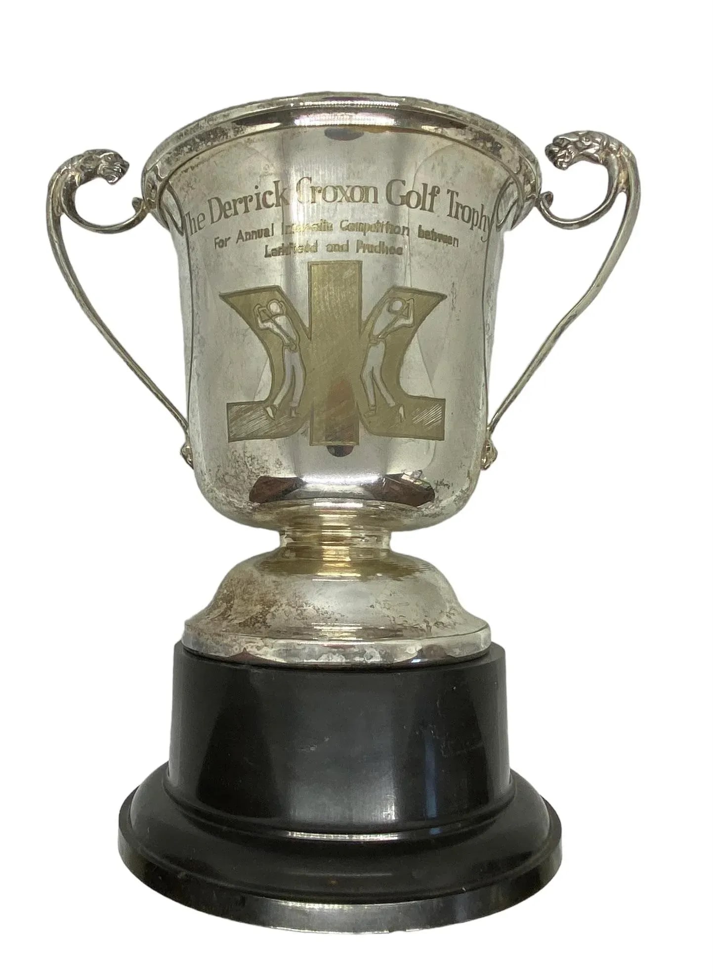 Mid 20th Century Silver Plate on Copper "The Derrick Croxon Golf Trophy" on Black Round Plastic - 12