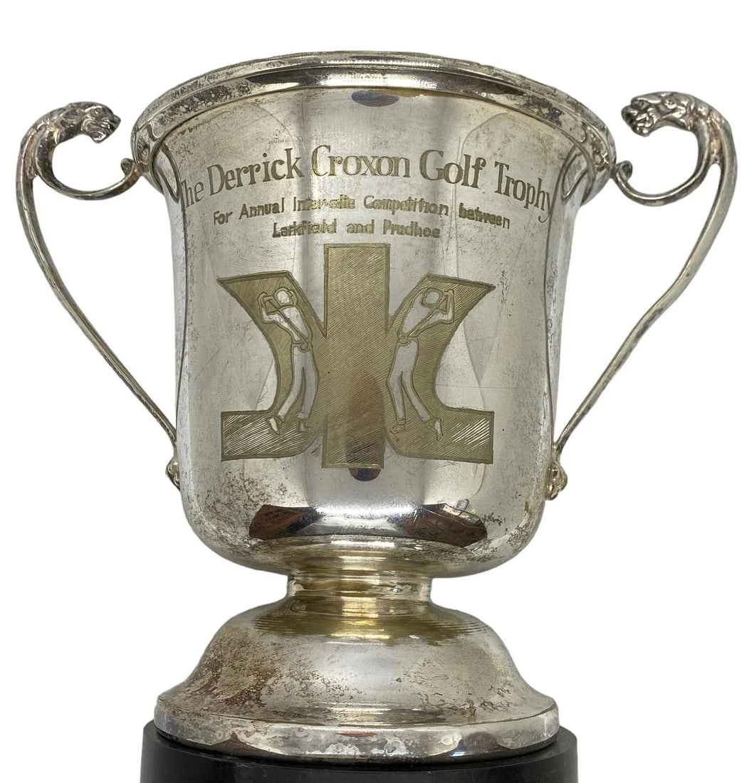 Mid 20th Century Silver Plate on Copper "The Derrick Croxon Golf Trophy" on Black Round Plastic - 2