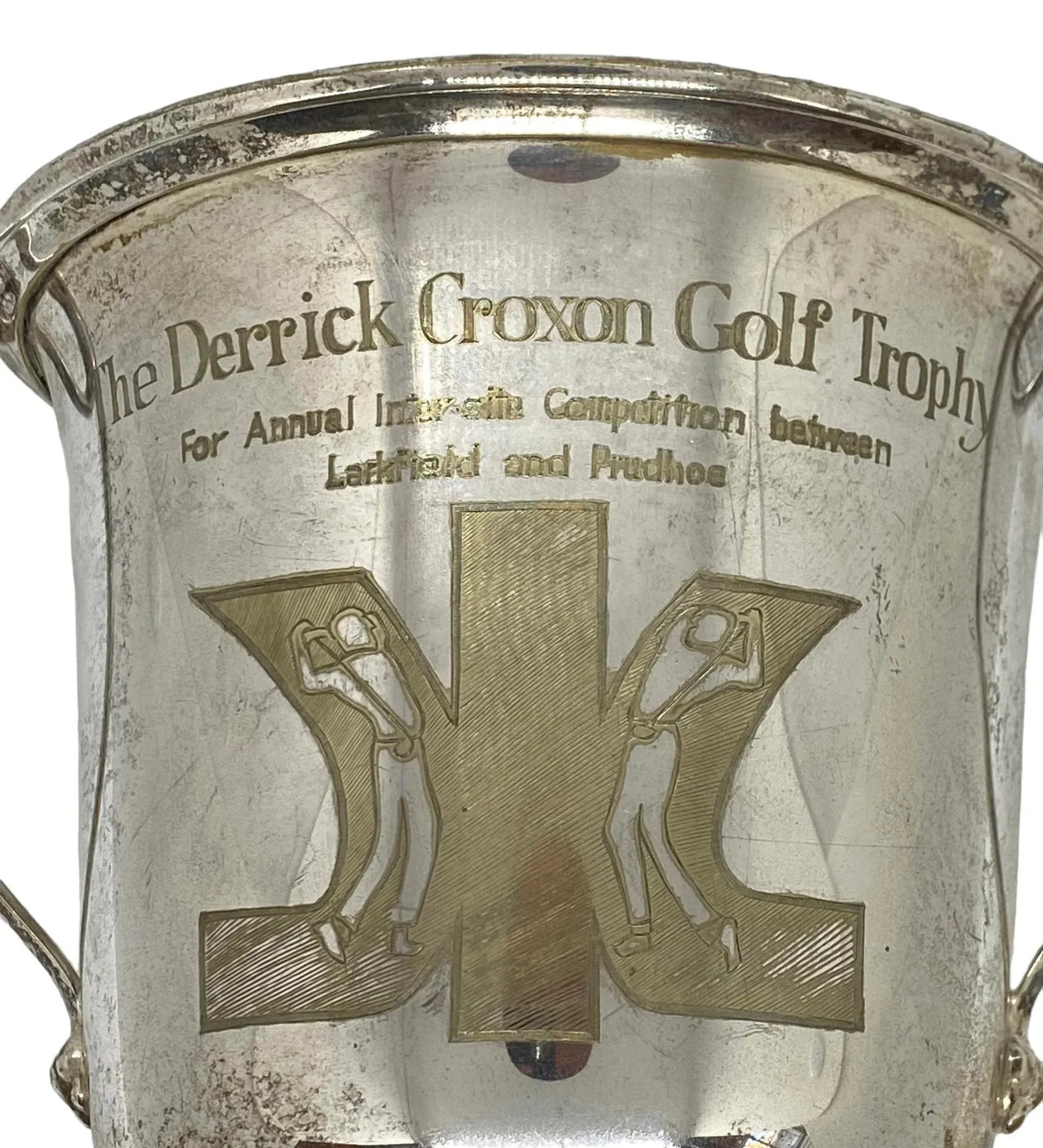 Mid 20th Century Silver Plate on Copper "The Derrick Croxon Golf Trophy" on Black Round Plastic - 3