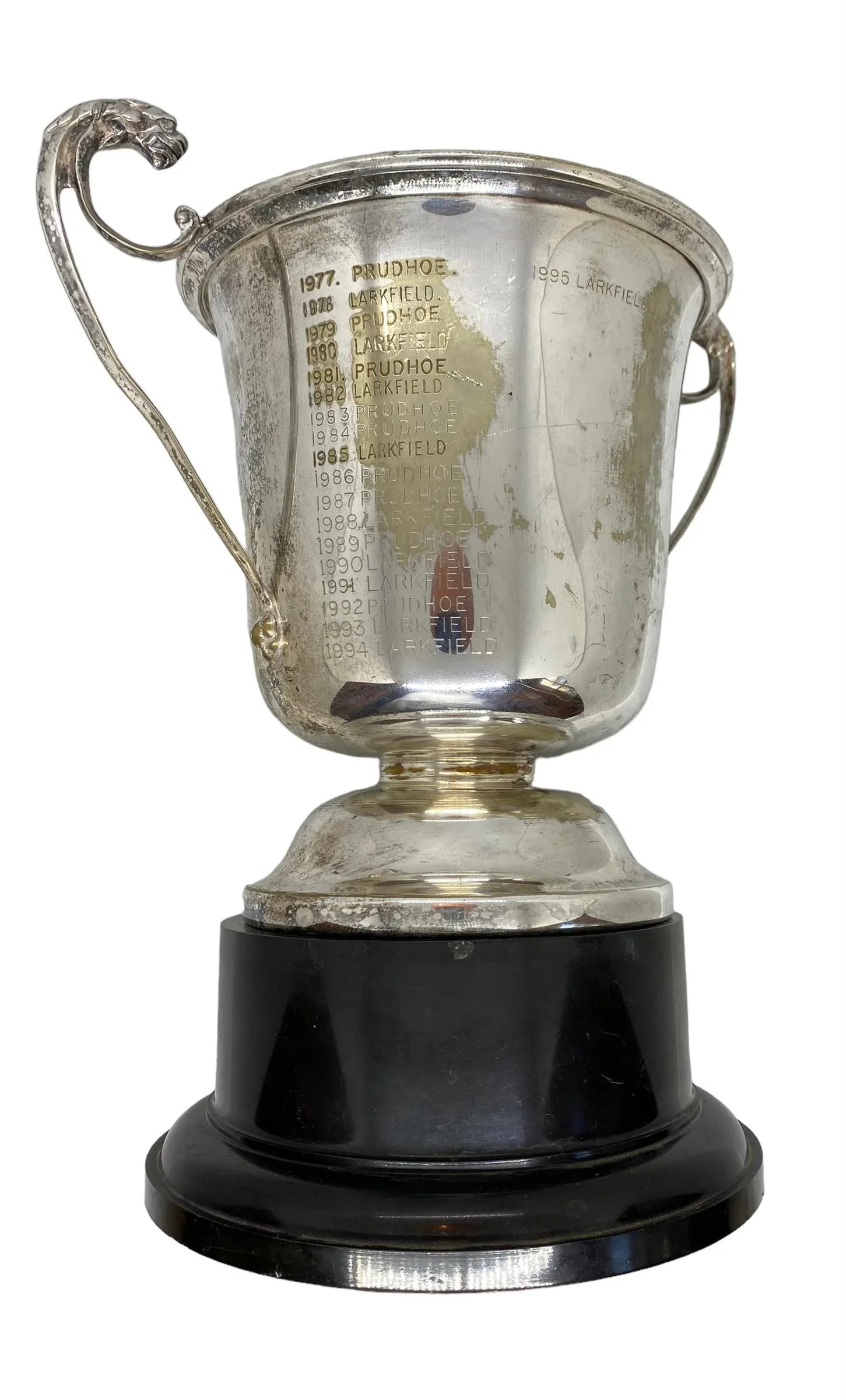 Mid 20th Century Silver Plate on Copper "The Derrick Croxon Golf Trophy" on Black Round Plastic - 4