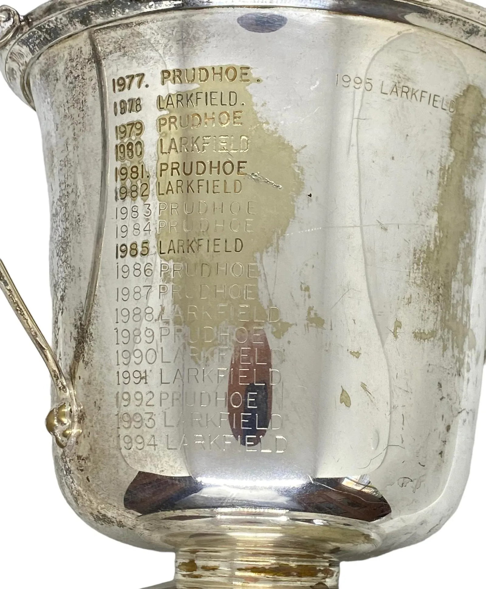 Mid 20th Century Silver Plate on Copper "The Derrick Croxon Golf Trophy" on Black Round Plastic - 5