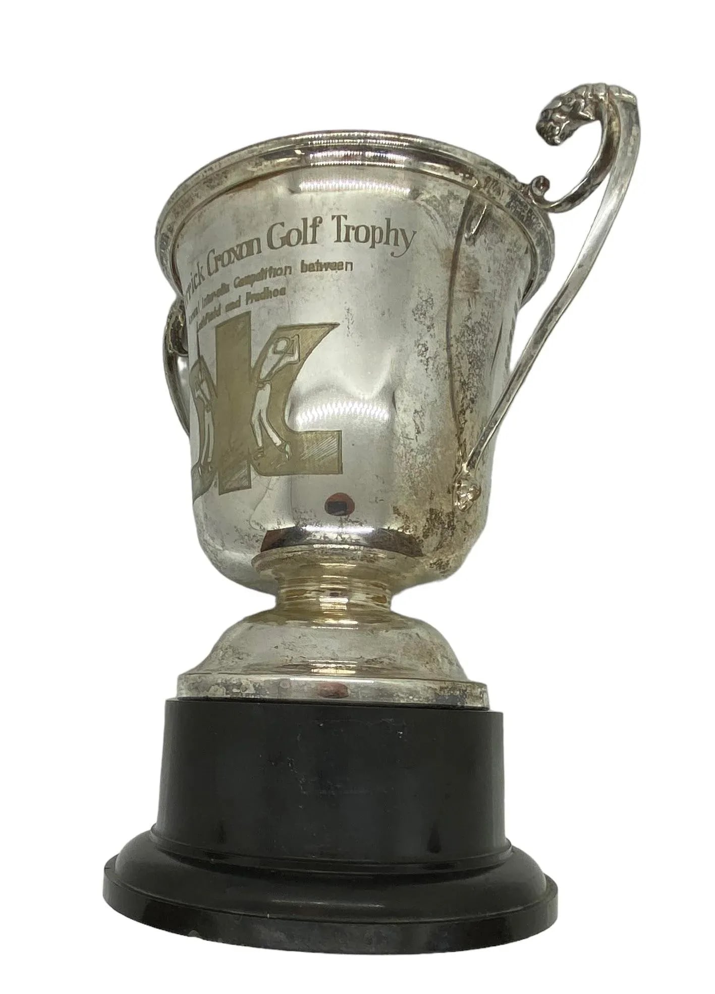 Mid 20th Century Silver Plate on Copper "The Derrick Croxon Golf Trophy" on Black Round Plastic - 9