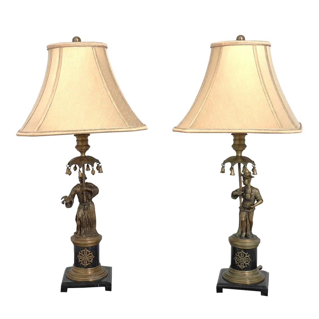 Maitland Smith Pair Bronze & Marble Figural Men Table Lamps: Age: Approx: 25 Years Old Details: Marble Bases High Quality Construction Heavy High Quality Quality Detailed Bronze Work Condition: Excellent Original Finish & Condition Size: 7.5w x 7.5d x 36h