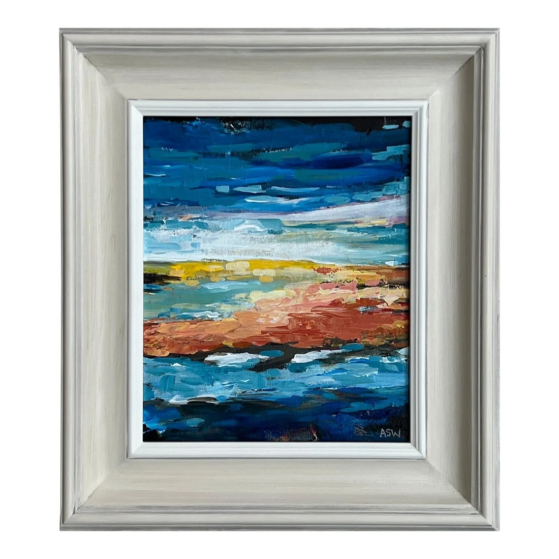 Blue & Yellow Abstract Impressionist Seascape Landscape by Contemporary Artist: Blue & Yellow Abstract Impressionist Seascape Landscape by Contemporary British Artist, Angela Wakefield. This atmospheric original painting depicts forms part of a new body of work based on human emo