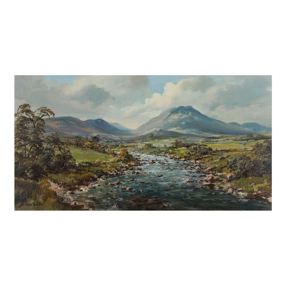 20th Century Post-War Painting of Mountain River in Ireland by Modern Artist, 1980: 20th Century Post-War Painting of Mountain River Scene in the Mournes in Ireland, by Modern Artist, Denis Thornton (1937-1999) Art measures 30 x 16 inches (Unframed) Signed, Original on Canvas Denis