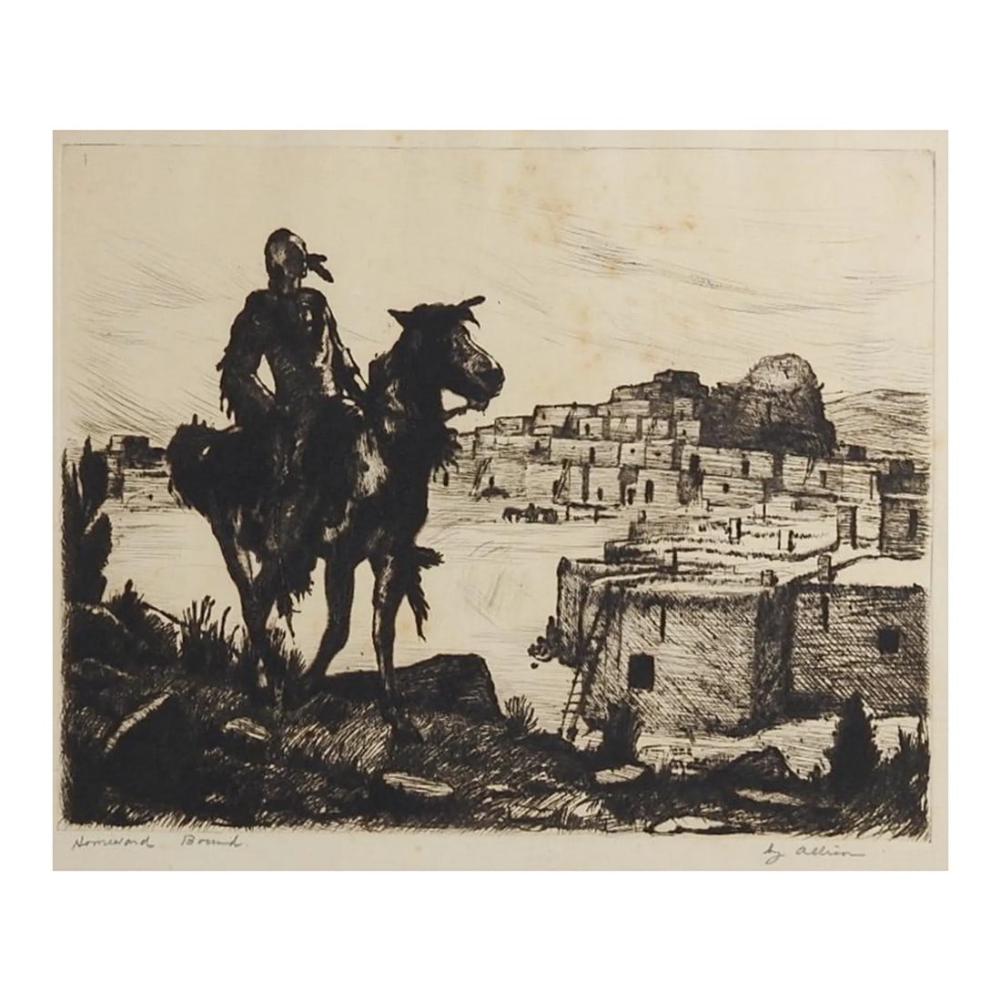 Vintage Early 20th Century Horseman at Adobe Village Etching (1 of 4)