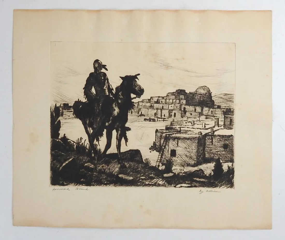 Vintage Early 20th Century Horseman at Adobe Village Etching - 4