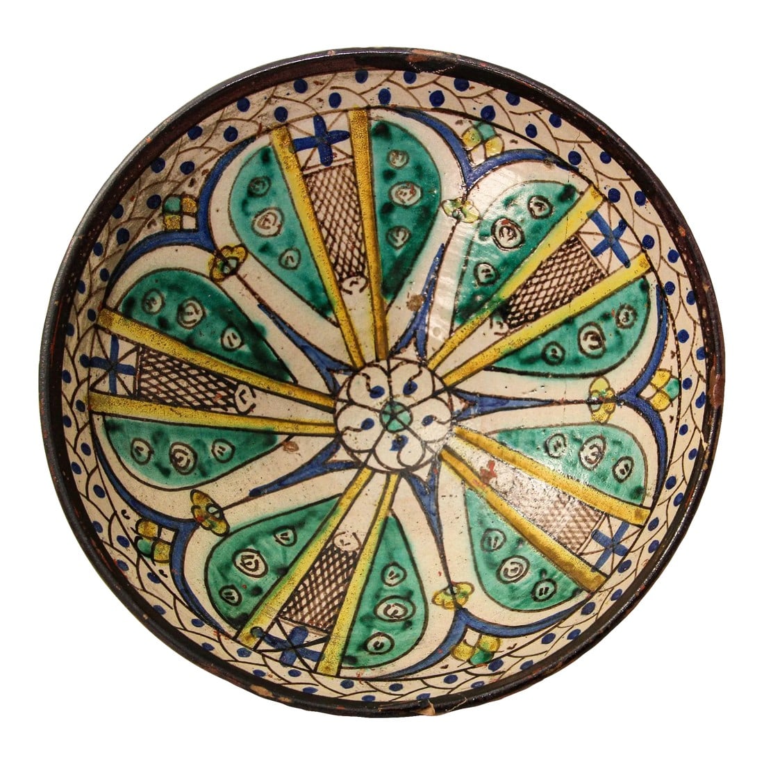 19th C. Moroccan Ceramic Bowl Polychrome Footed Dish Fez (1 of 12)