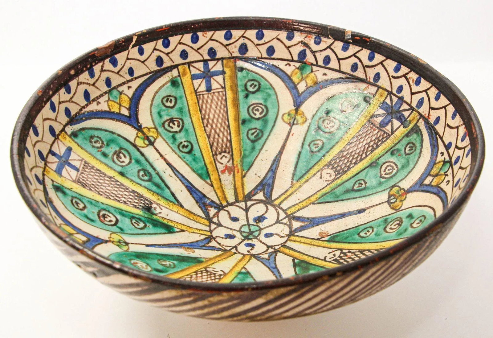 19th C. Moroccan Ceramic Bowl Polychrome Footed Dish Fez - 2