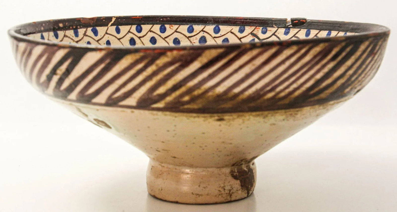 19th C. Moroccan Ceramic Bowl Polychrome Footed Dish Fez - 3
