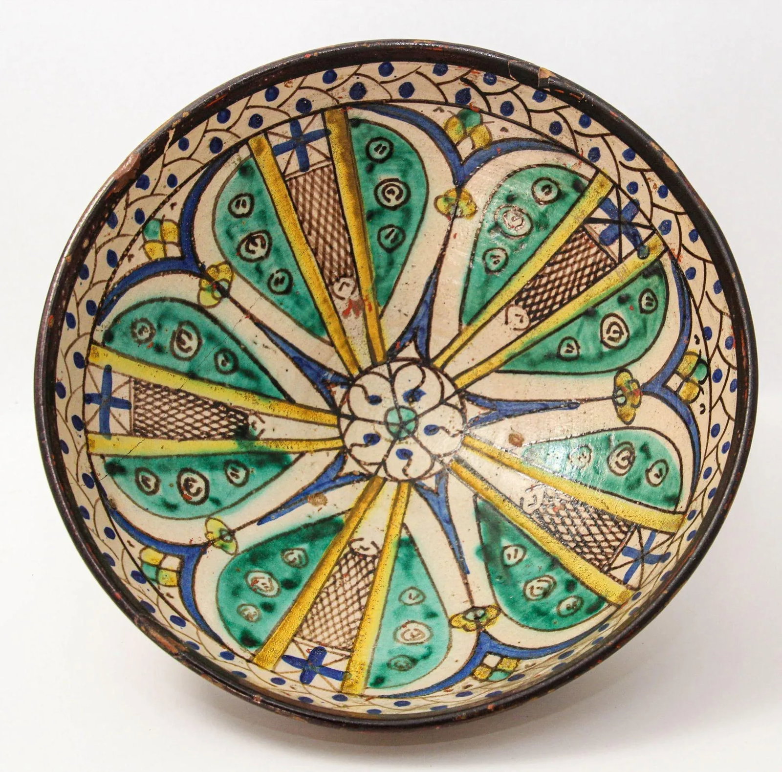 19th C. Moroccan Ceramic Bowl Polychrome Footed Dish Fez - 5
