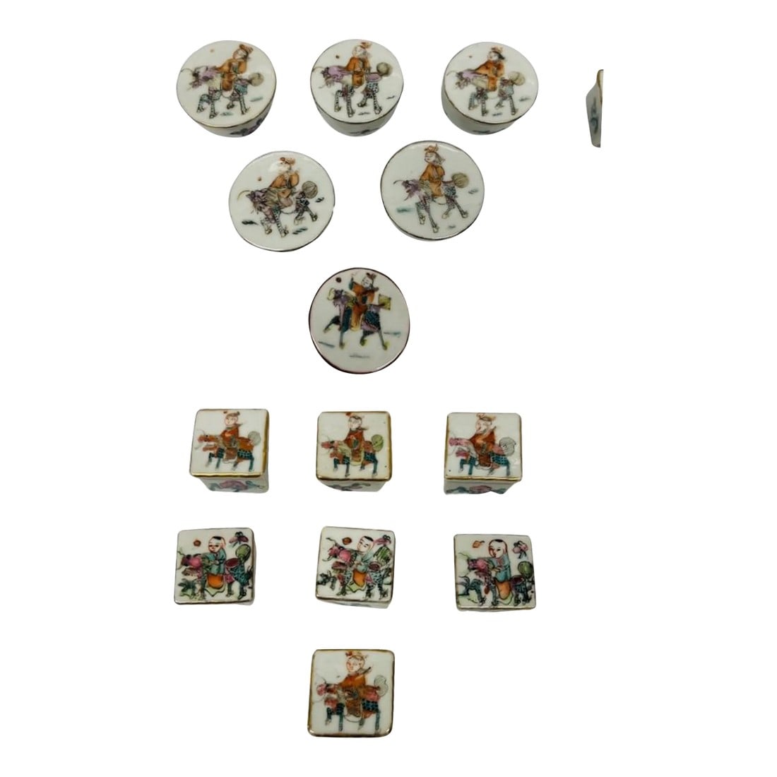 Qing Dynasty - 13 Antique Chinese Porcelain Enameled Salt Boxes: Chinese, Qing Dynasty (1644-1911), 19th century. A grouping or instant collection of antique porcelain enameled salt boxes. Each box is decorated with immortal being riding the fabled Longma (winged