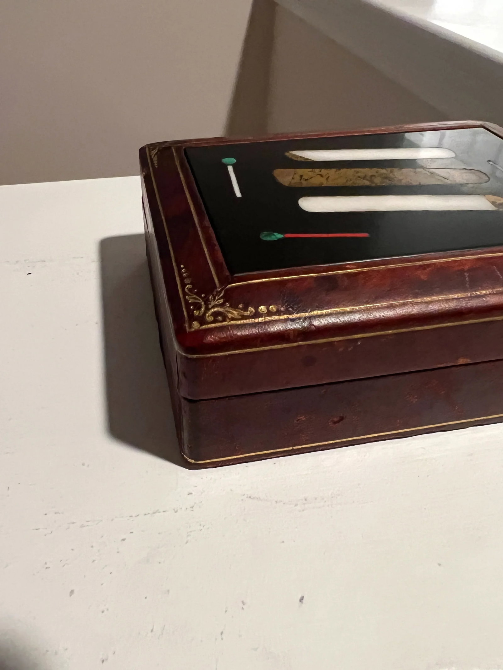 Pair, Italian Tooled Leather & Pietra Dura "Cigar" Motif Tobacco Boxes - 4