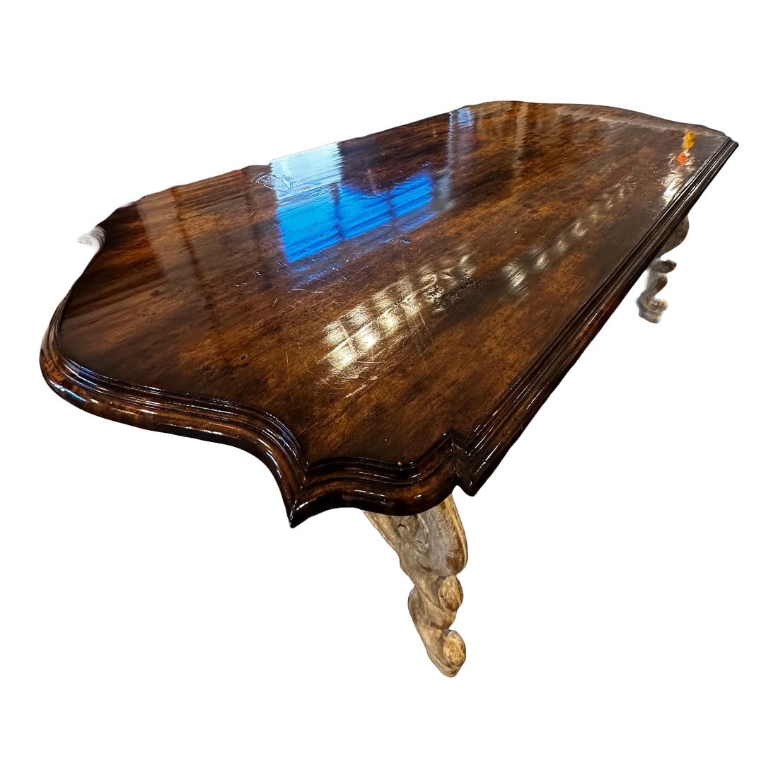 20th Century Dining Table: Dining Table with water spot on top. Custom Italianate table from Cache with warm walnut top and cream crackle hand carved legs. Beautiful details on lip of table and perfect size for 6 dining chairs.