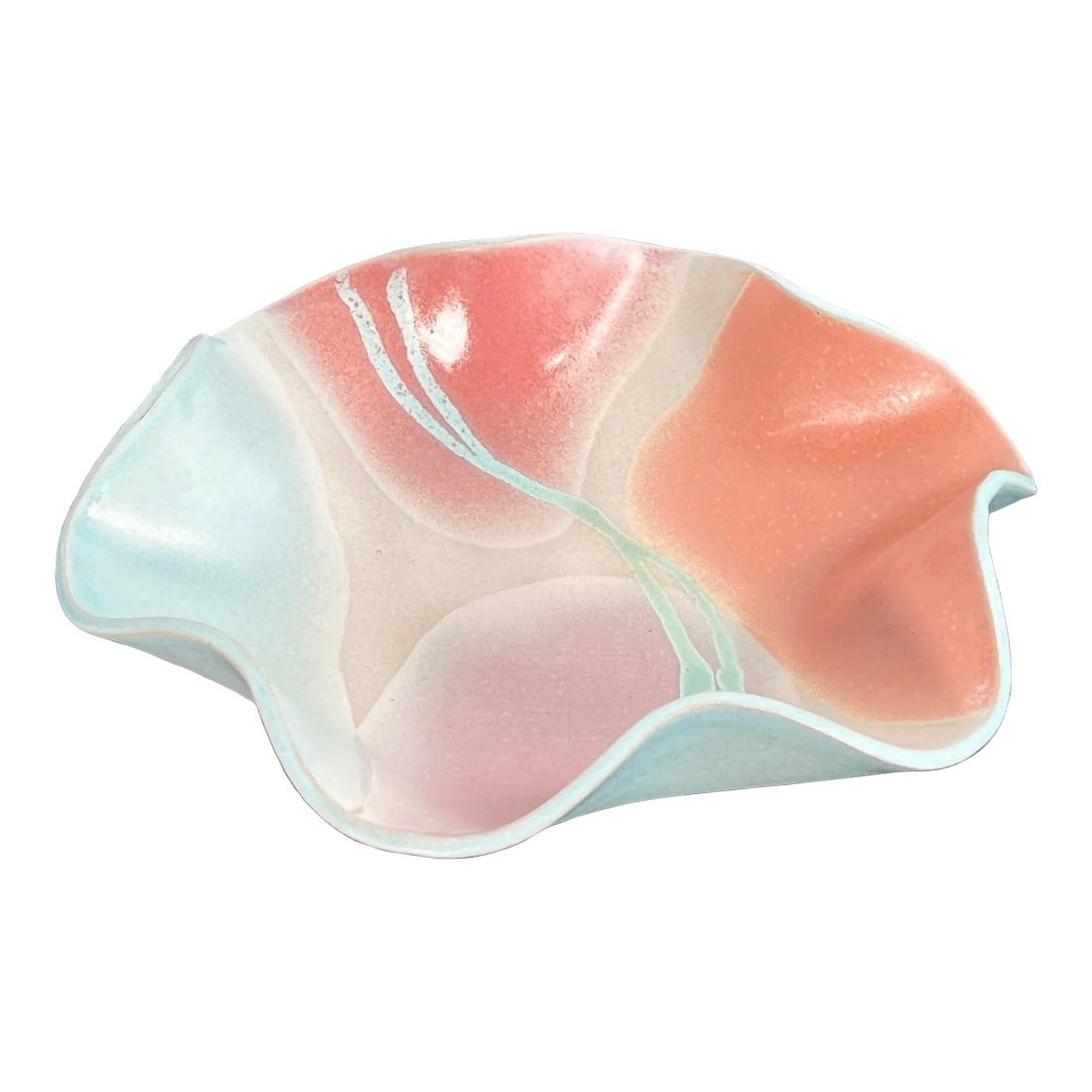 Vintage 1980's Postmodern Pastel Ruffled Centerpiece Bowl: Fabulous signed art pottery 1980's ceramic centerpiece bowl! Great styling to it, with great pastel hues and texture. It measures 12 1/2" in diameter by 3 1/4" tall. It is signed on the bottom as