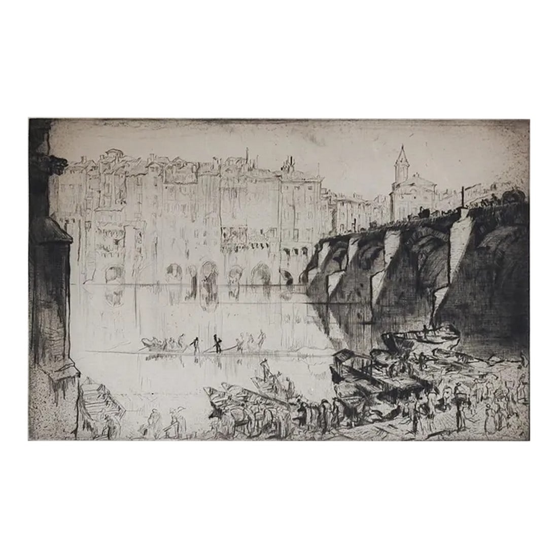 1926 Frank Brangwyn Albi France Etching: 1926 etching on paper by Sir Frank Brangwyn (1867- 1956) Britain of Tarn river at Albi, France. Signed in pencil lower right margin. Sir Frank Brangwyn, one of England's most talented artists - a mura