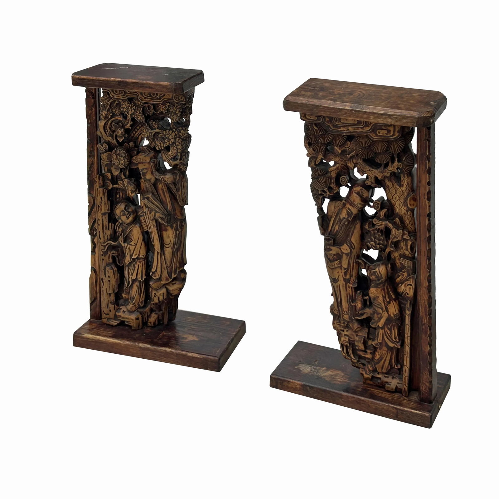 Pair Vintage Chinese Man Kid Wood Carving Desktop Display Plaque - 2