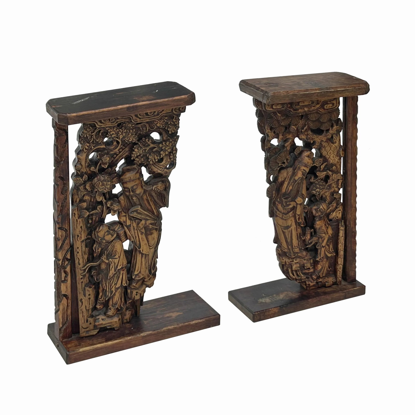 Pair Vintage Chinese Man Kid Wood Carving Desktop Display Plaque - 3