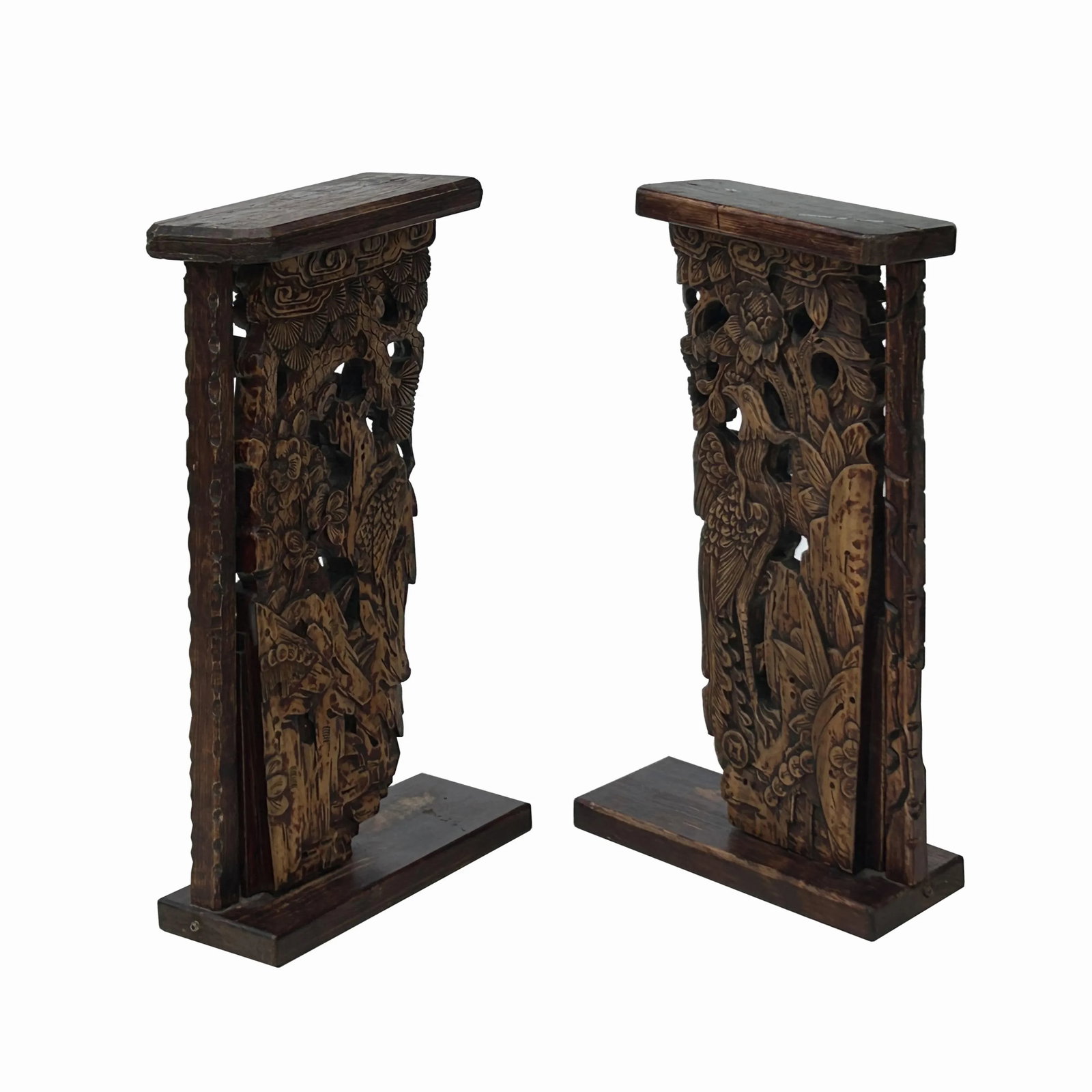 Pair Vintage Chinese Man Kid Wood Carving Desktop Display Plaque - 4
