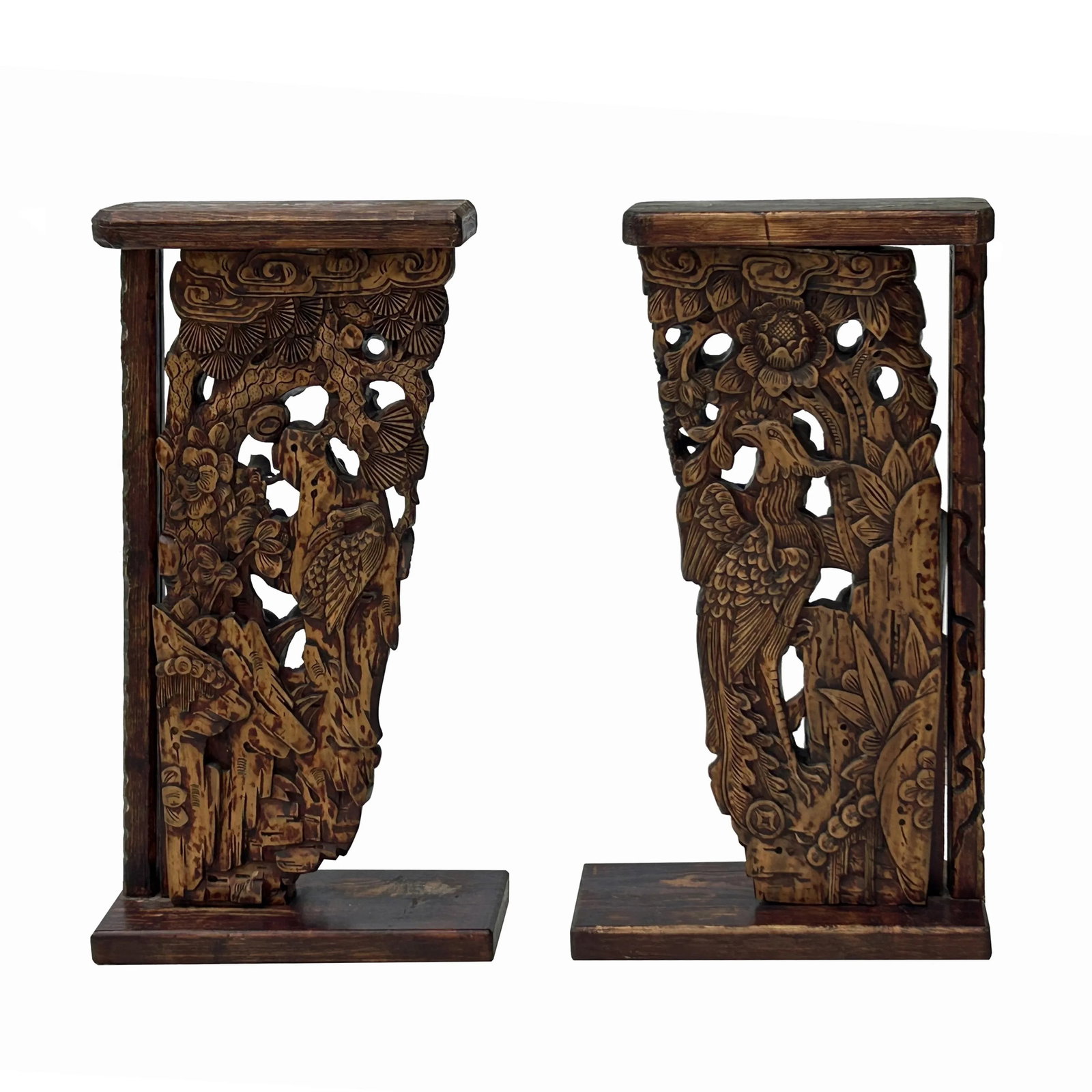 Pair Vintage Chinese Man Kid Wood Carving Desktop Display Plaque - 5