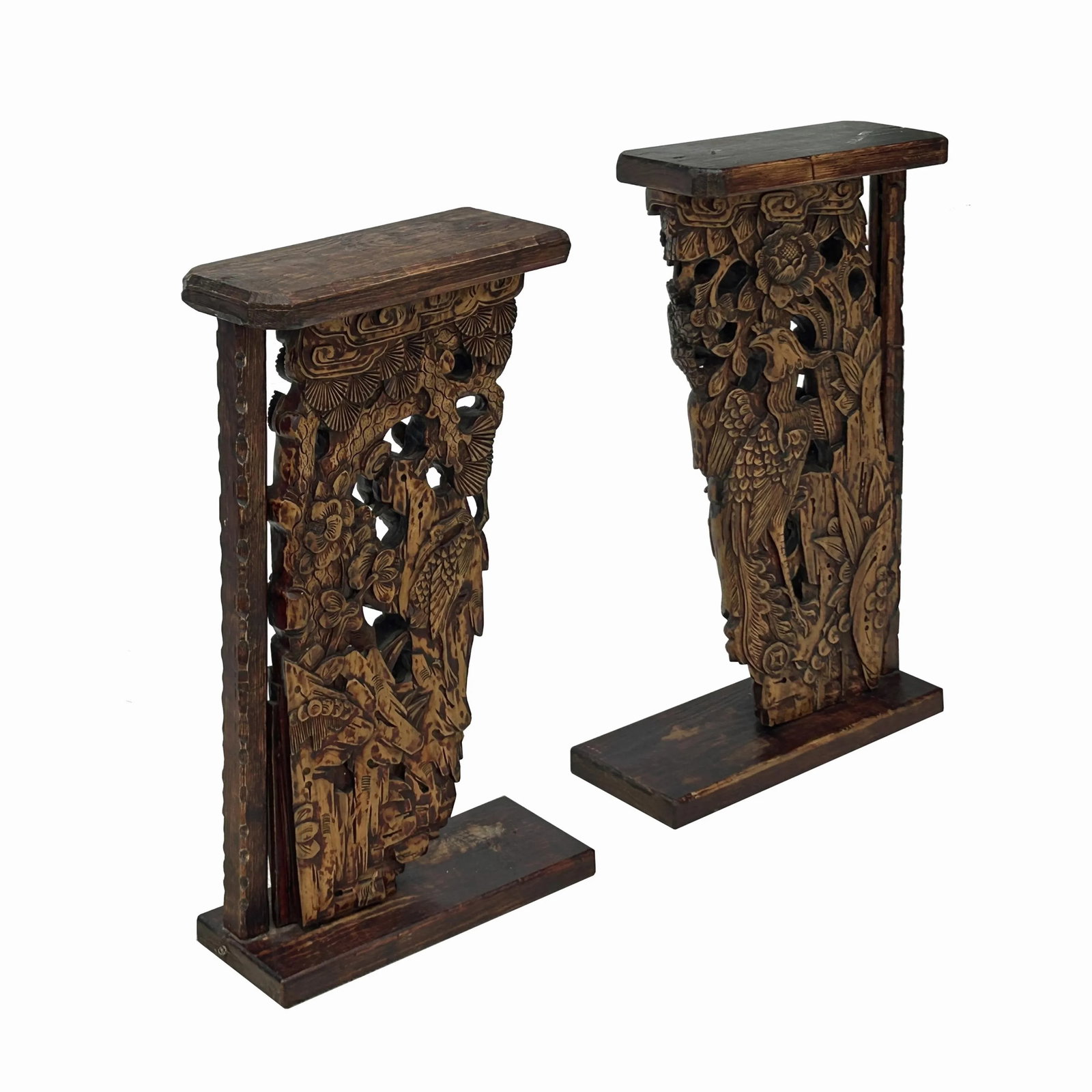 Pair Vintage Chinese Man Kid Wood Carving Desktop Display Plaque - 6