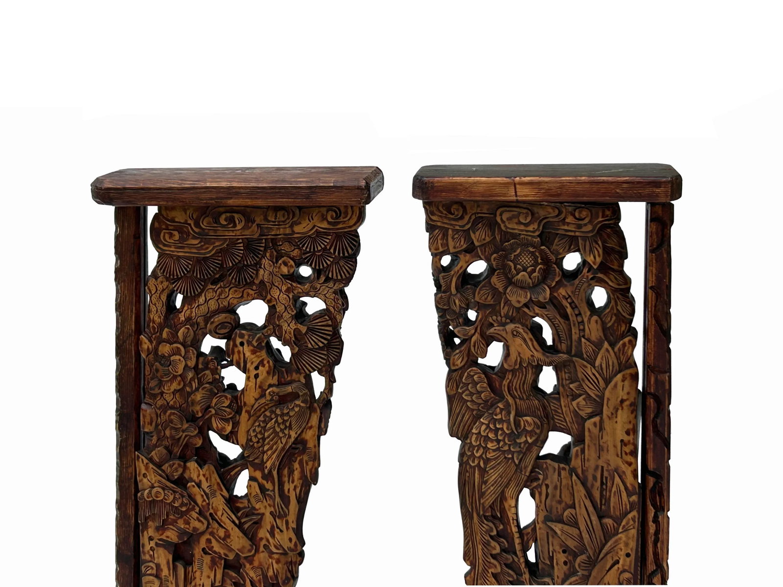 Pair Vintage Chinese Man Kid Wood Carving Desktop Display Plaque - 7