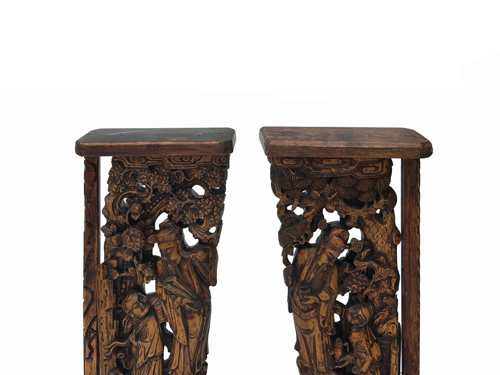 Pair Vintage Chinese Man Kid Wood Carving Desktop Display Plaque - 8