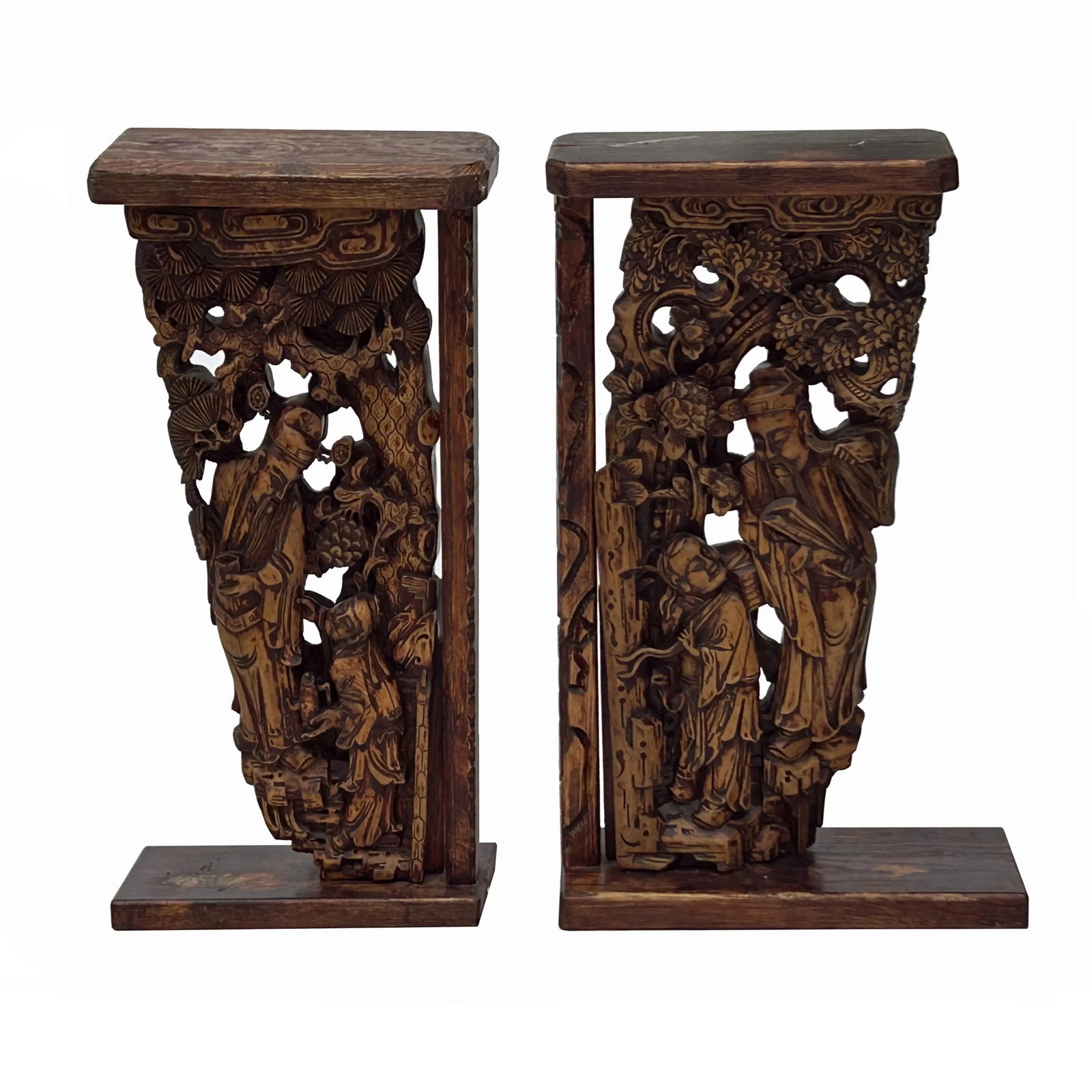 Pair Vintage Chinese Man Kid Wood Carving Desktop Display Plaque - 9
