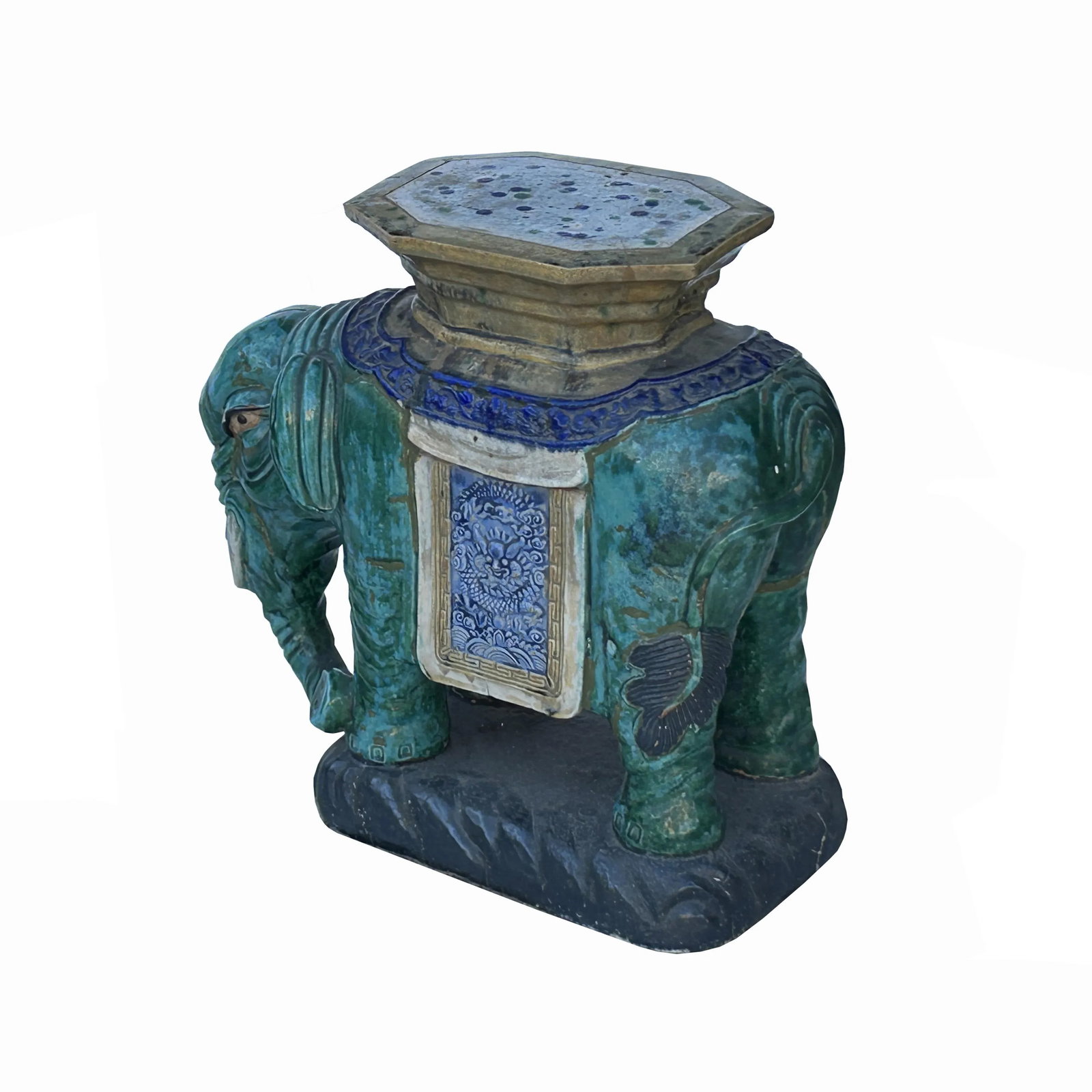 Ceramic Handmade Chinese Green Blue Oriental Elephant Pedestal Figure - 2