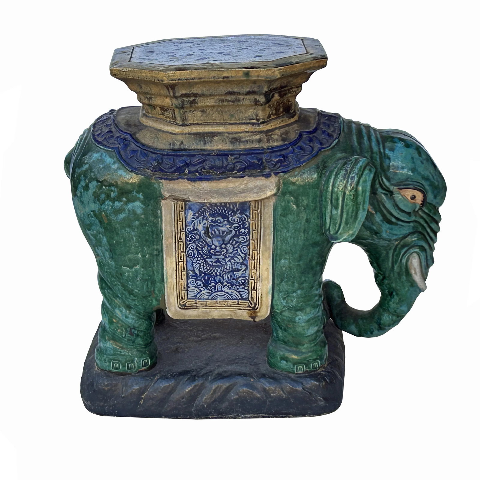 Ceramic Handmade Chinese Green Blue Oriental Elephant Pedestal Figure - 3