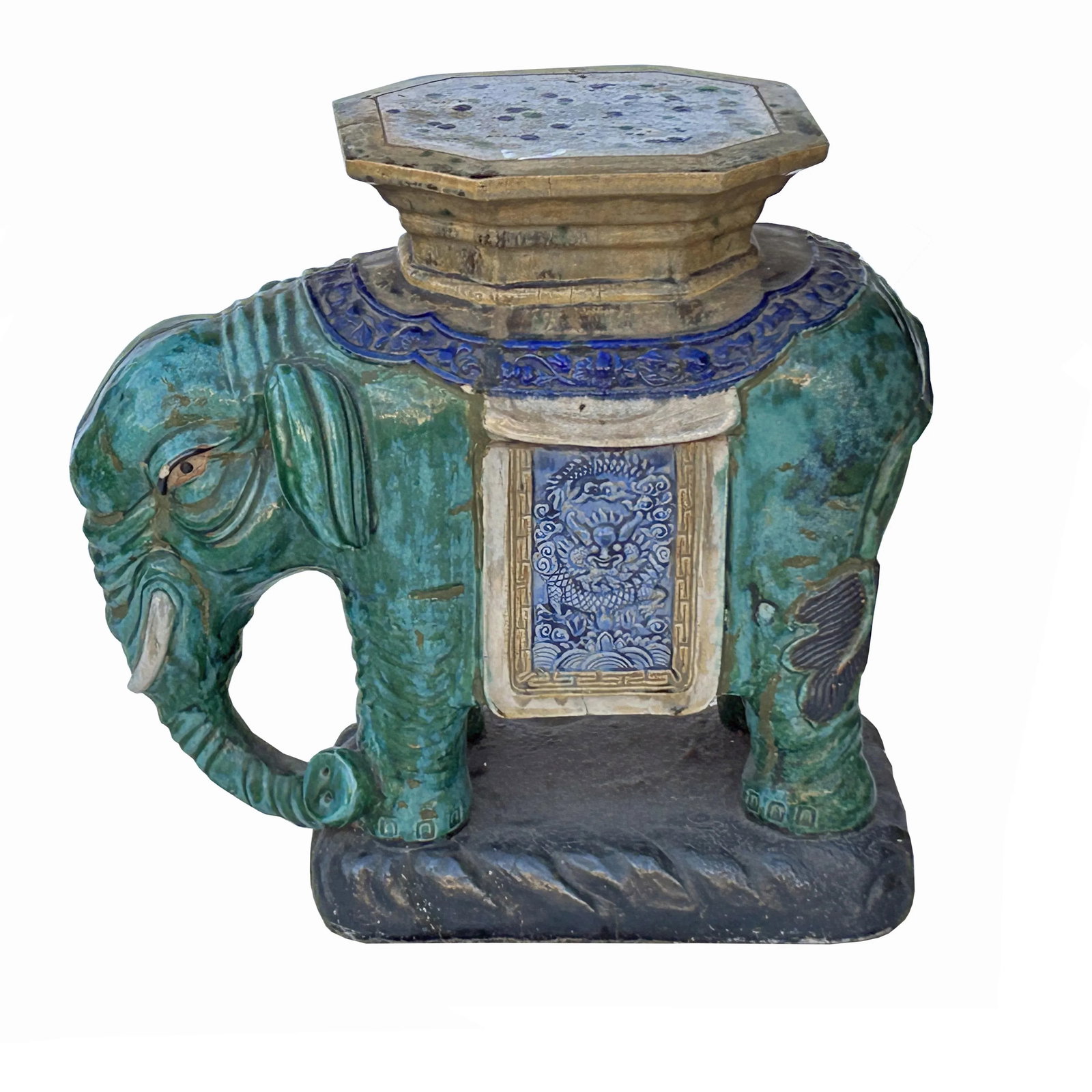 Ceramic Handmade Chinese Green Blue Oriental Elephant Pedestal Figure - 4
