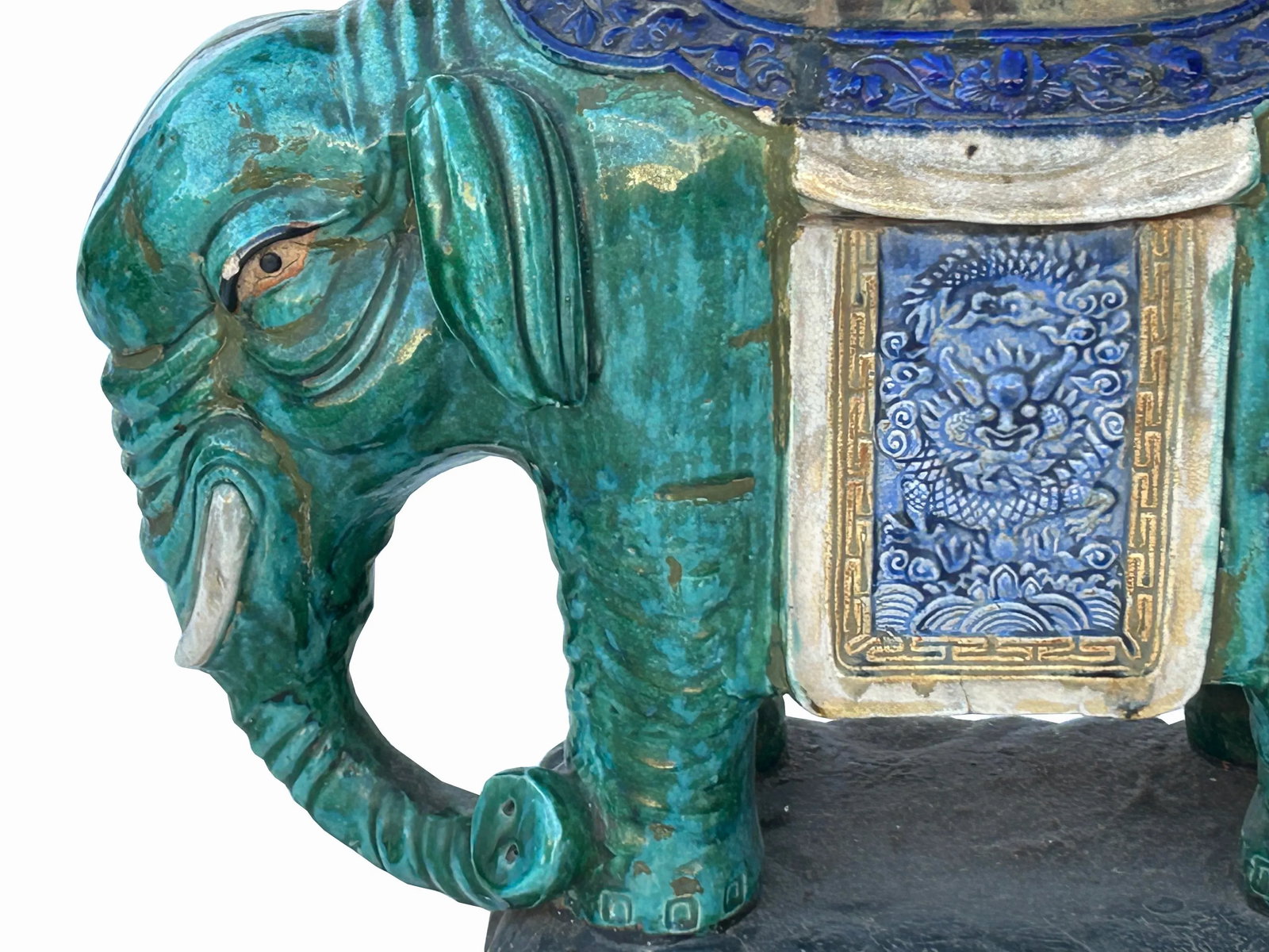 Ceramic Handmade Chinese Green Blue Oriental Elephant Pedestal Figure - 5