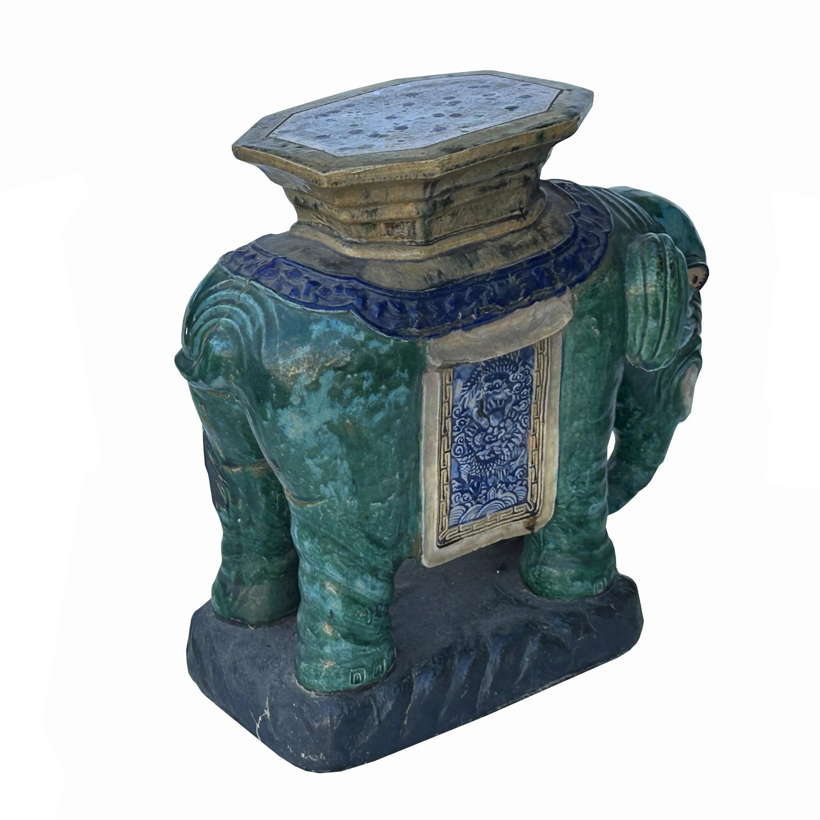 Ceramic Handmade Chinese Green Blue Oriental Elephant Pedestal Figure - 7