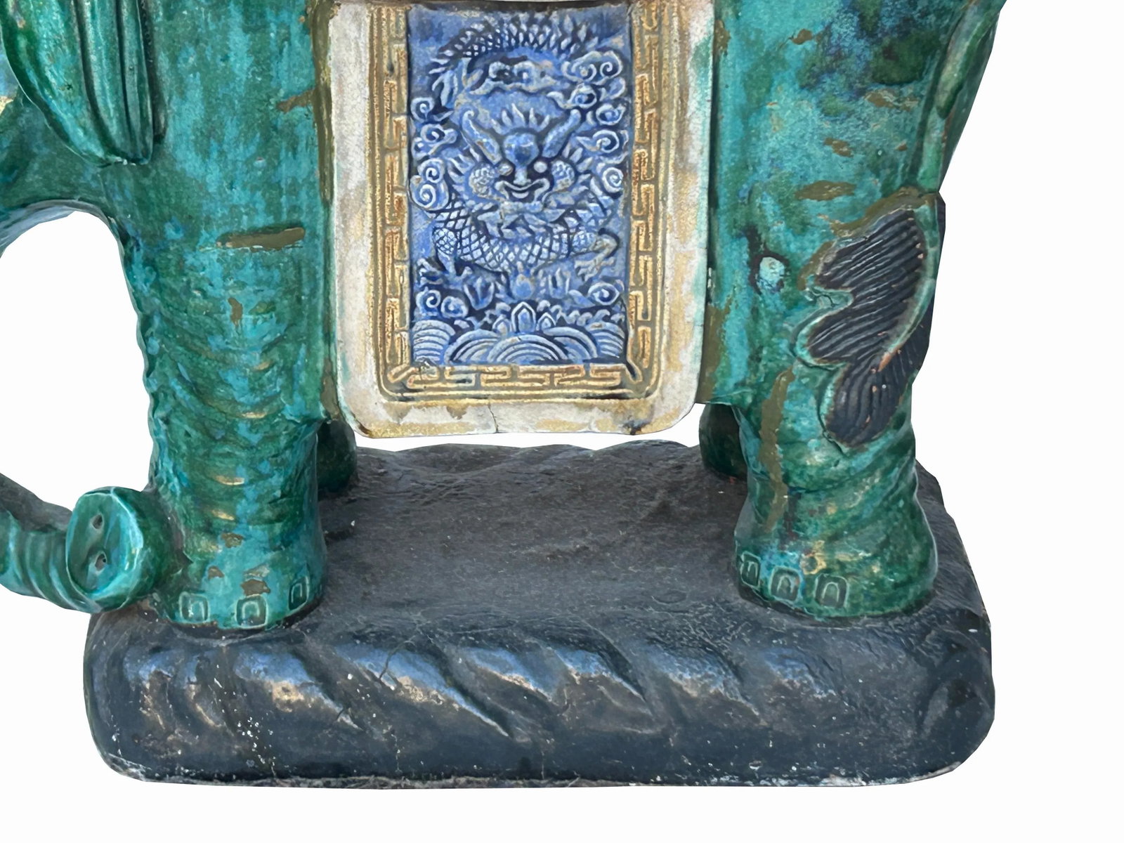 Ceramic Handmade Chinese Green Blue Oriental Elephant Pedestal Figure - 8