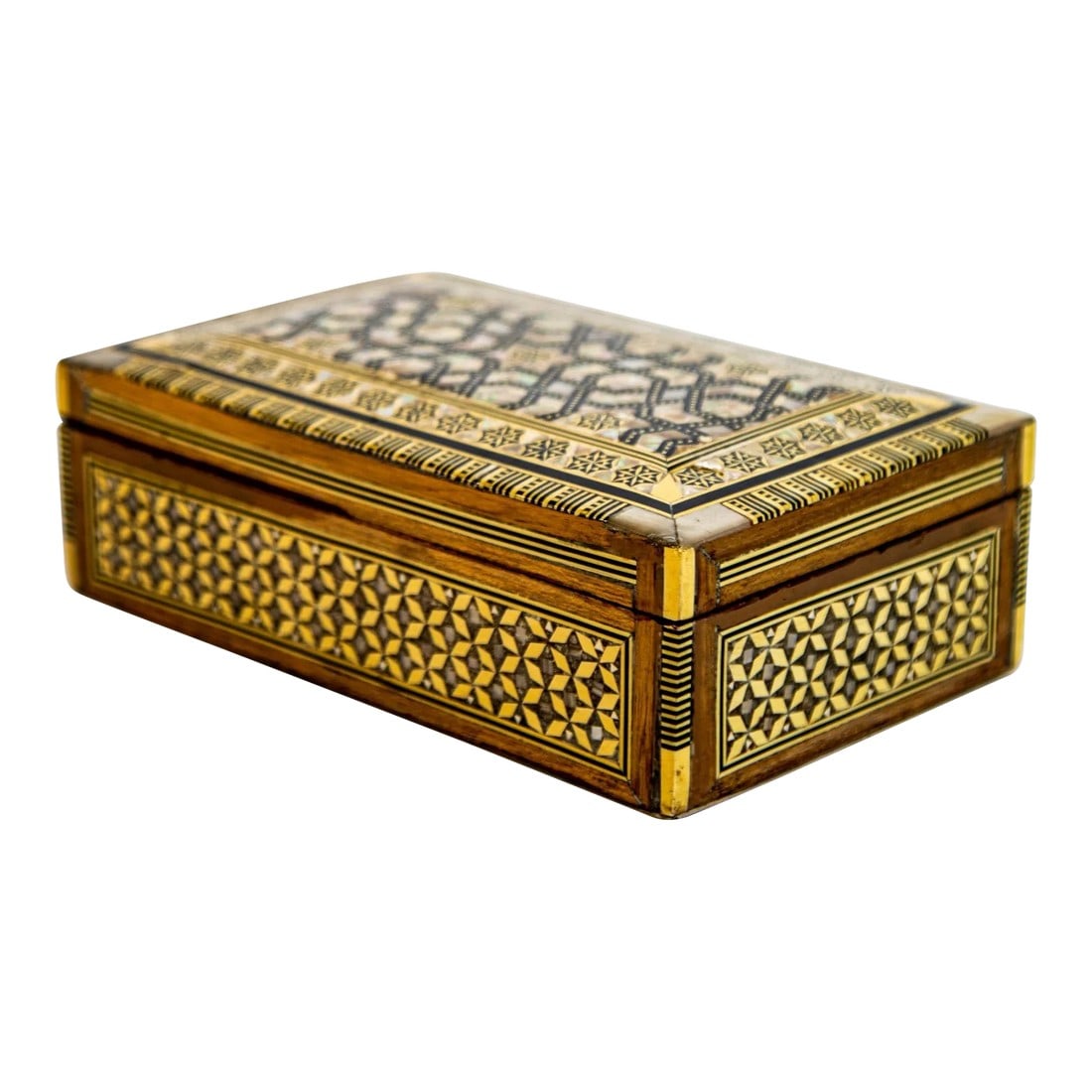 Middle Eastern Moorish Mother of Pearl Inlaid Marquetry Jewelry Box: Middle Eastern Moorish Mother of Pearl Inlaid Marquetry Jewelry Box. Exquisite middle Eastern Moorish Syrian inlay jewelry box covered with fine Moorish micro mosaic marquetry. Beautiful highly detail