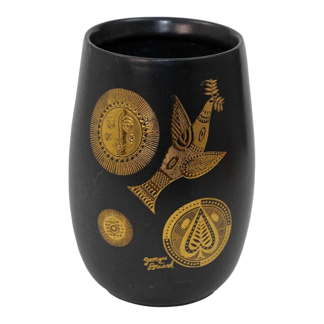 Georges Briard Black and Gold Ceramic Vase for Hyalyn 1960s Hollywood Regency: Gold inlaid black matte ceramic vase by Georges Briard for Hyalyn Pottery, USA, 1960s. Signed GEORGES BRIARD on the front of the vase, the design is carved into the ceramic and painted in 22 karat gol