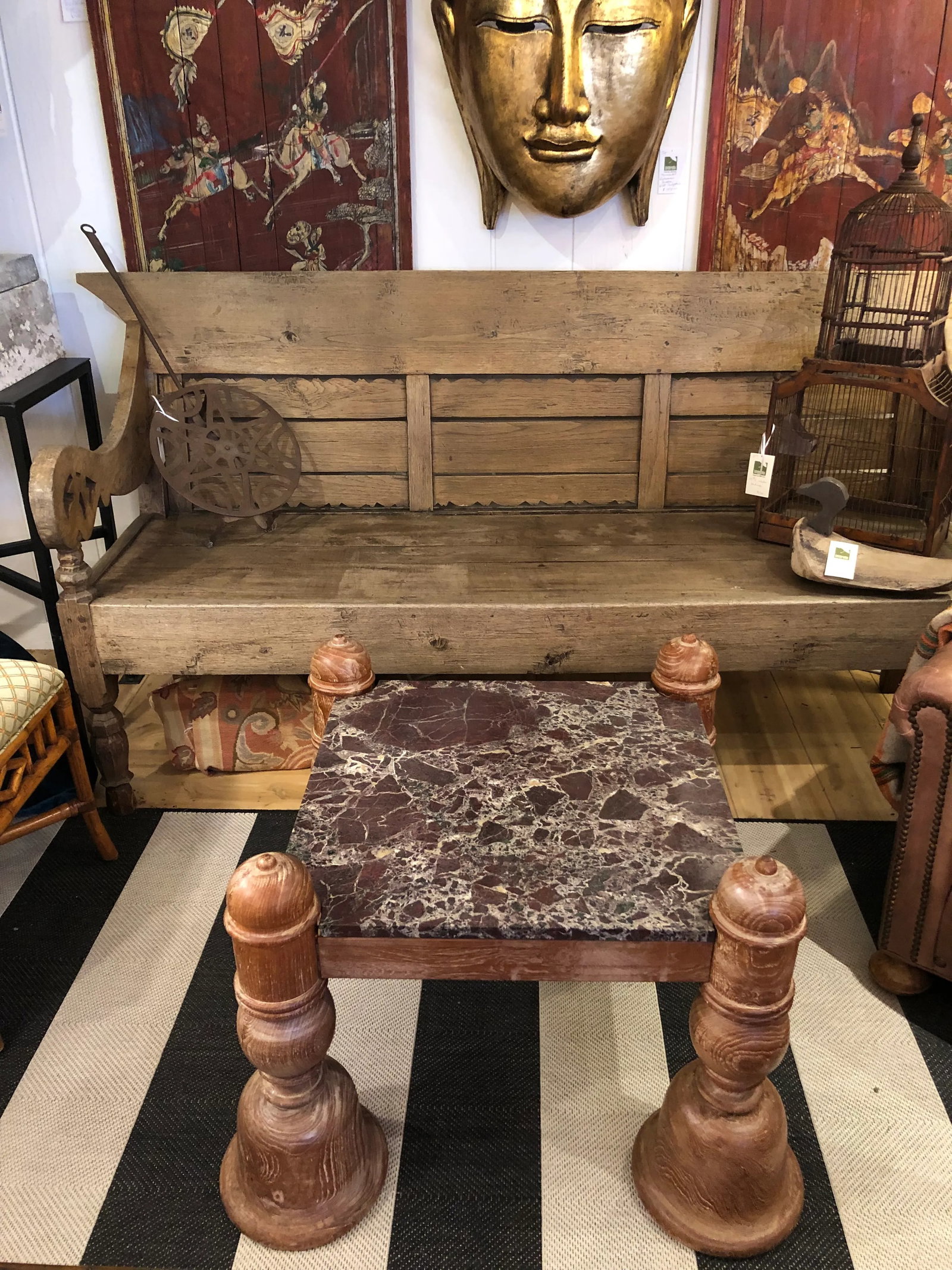 Anglo Indian Square Carved Wood & Marble Top Coffee Table - 2