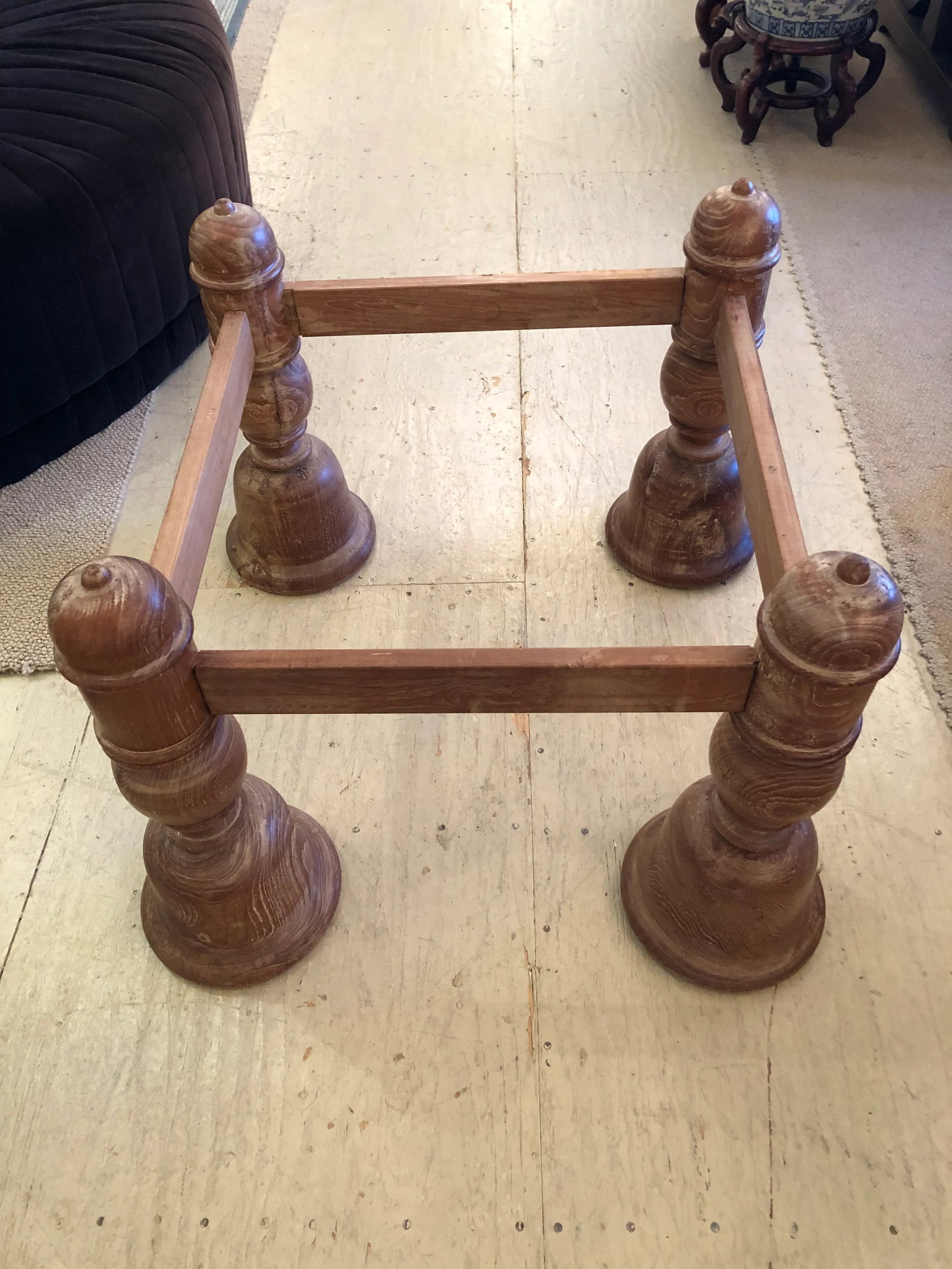 Anglo Indian Square Carved Wood & Marble Top Coffee Table - 4
