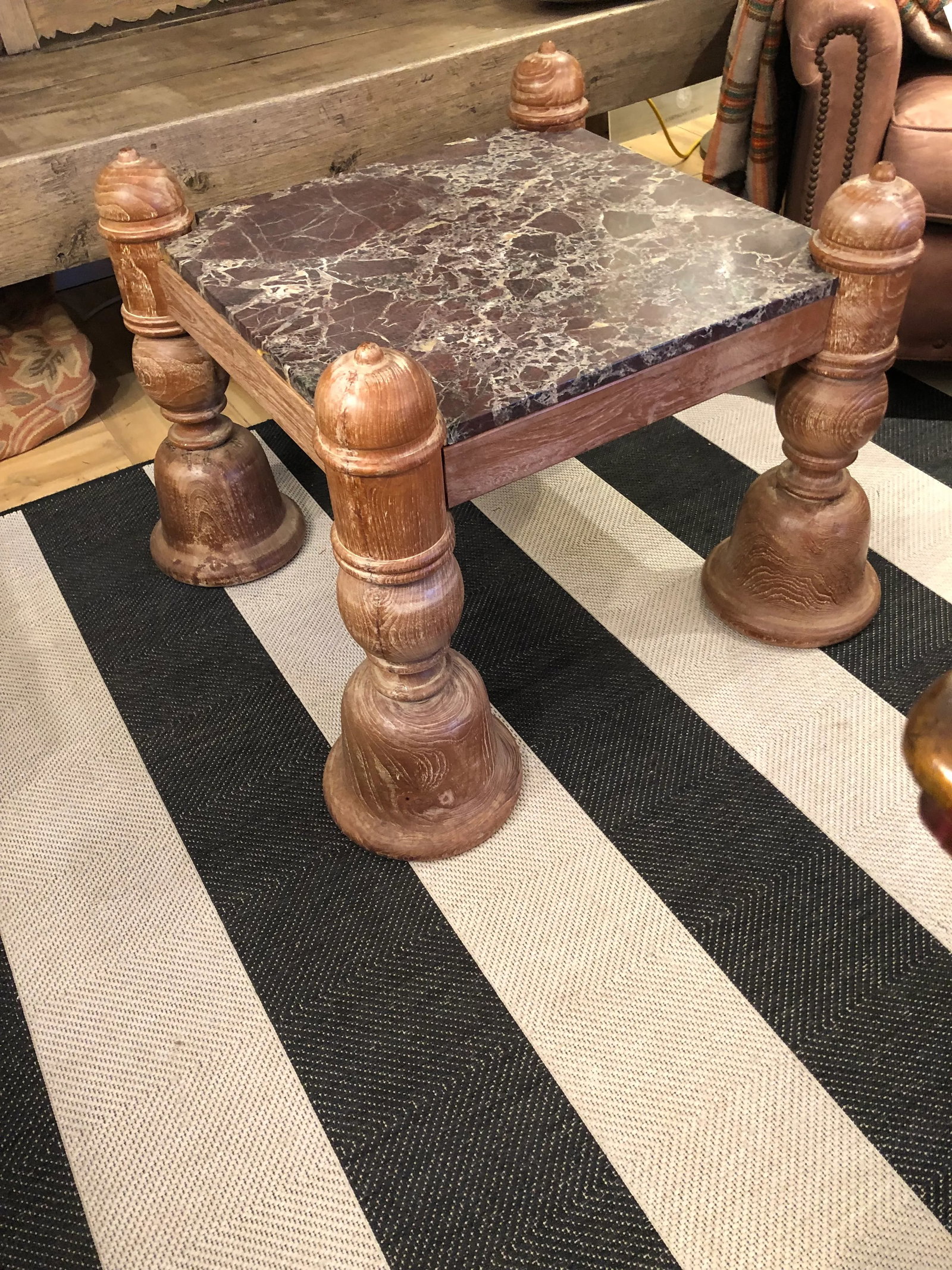 Anglo Indian Square Carved Wood & Marble Top Coffee Table - 5