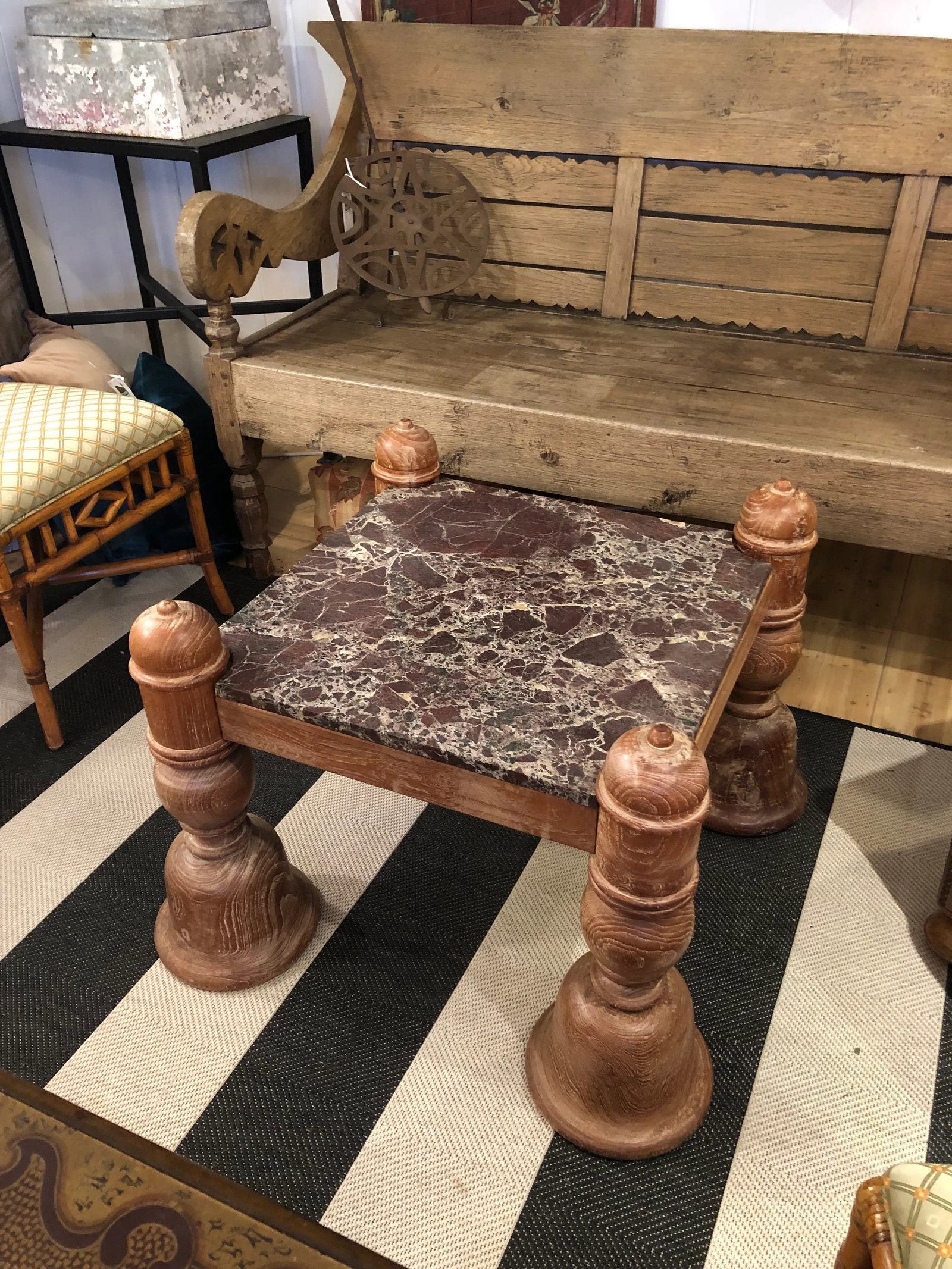Anglo Indian Square Carved Wood & Marble Top Coffee Table - 7