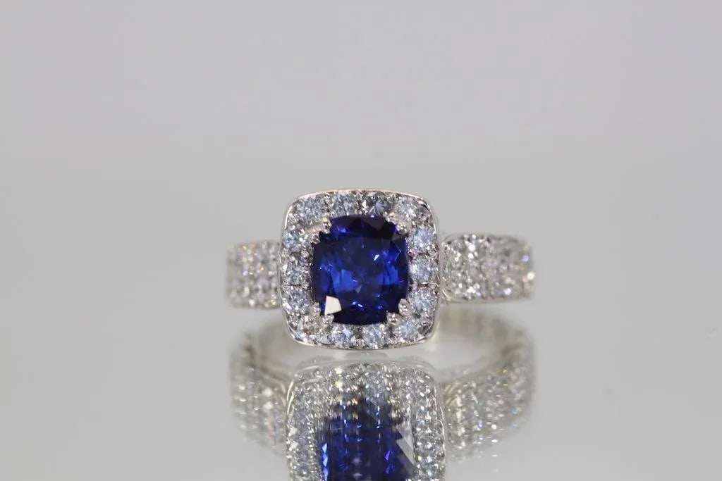 Burma Sapphire 18k Ring With Diamond Surround Size 6.5 - 7