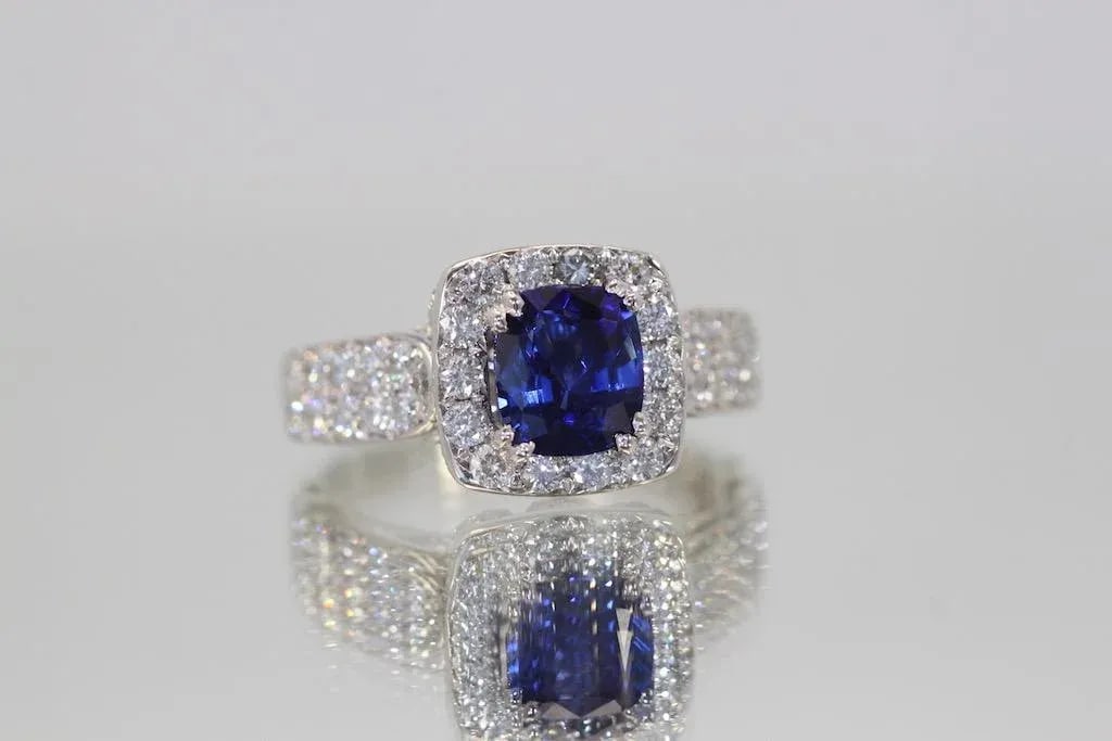 Burma Sapphire 18k Ring With Diamond Surround Size 6.5 - 8